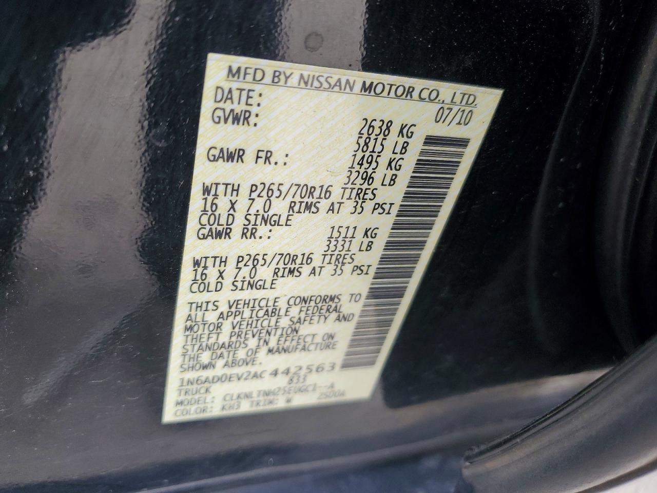 2010 Nissan Frontier Se V6 Black vin: 1N6AD0EV2AC442563