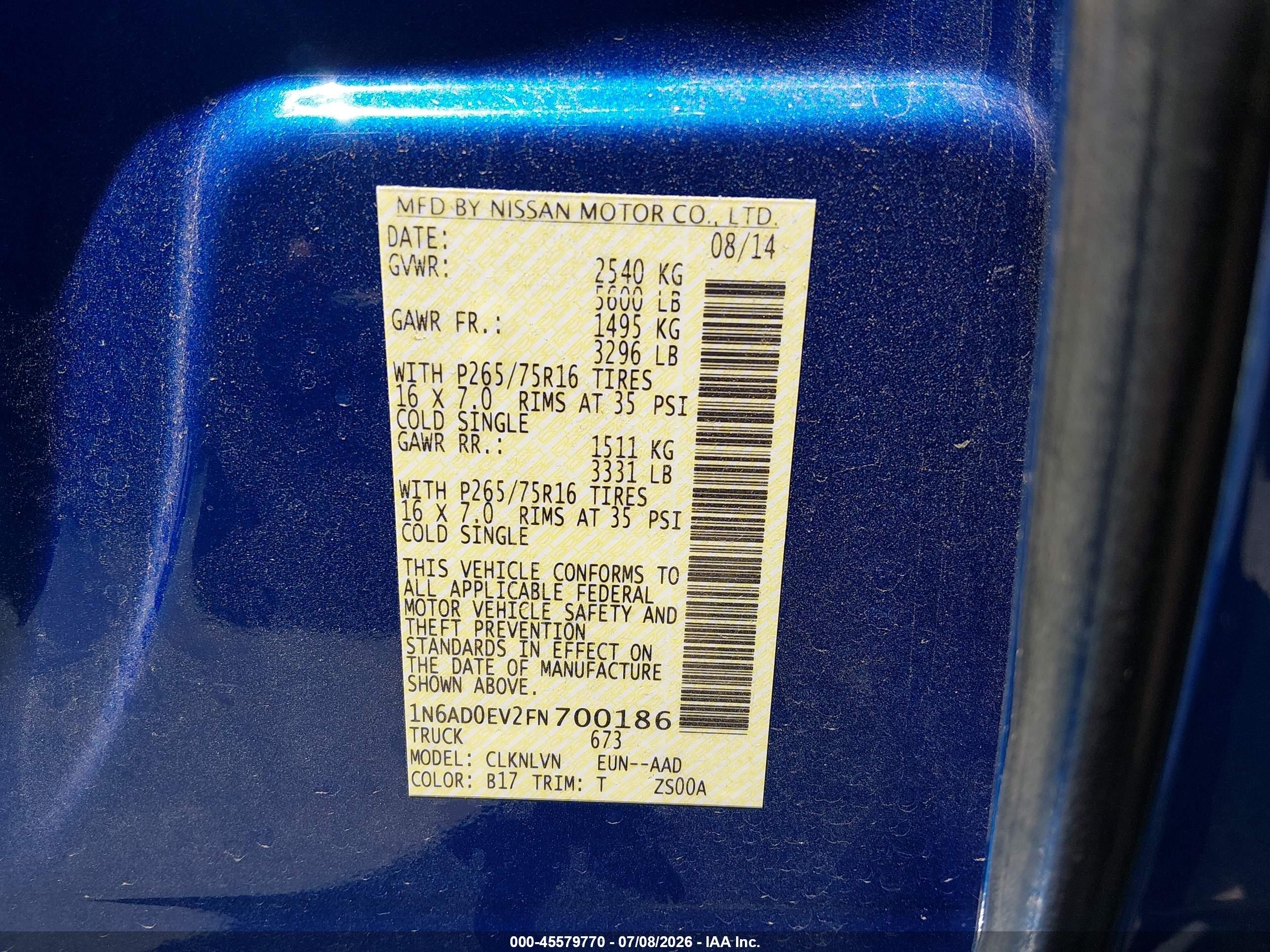 2015 Nissan Frontier Pro-4x/s/sl/sv Blue vin: 1N6AD0EV2FN700186