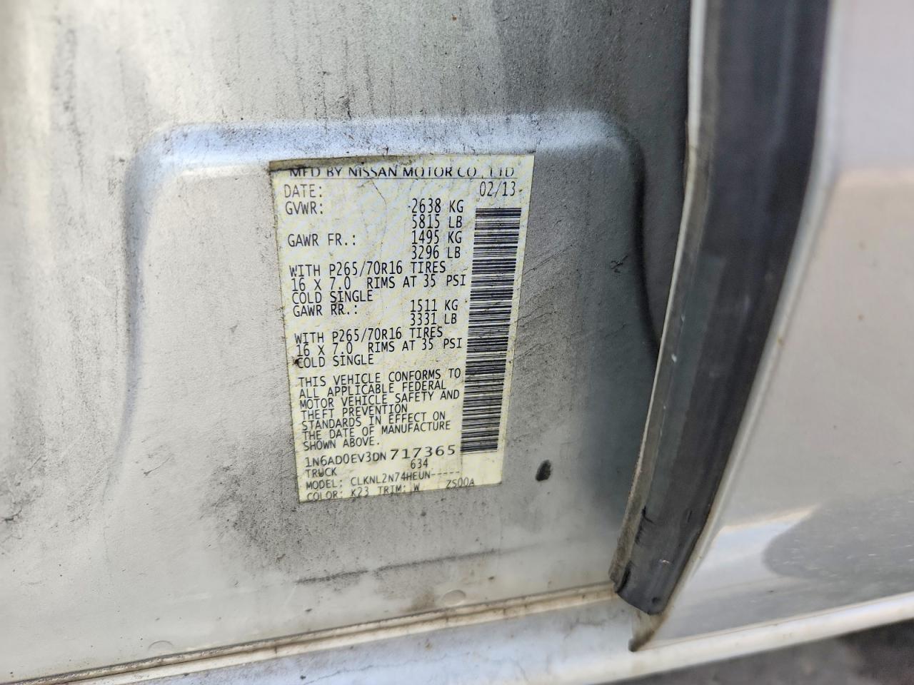 2013 Nissan Frontier S/sv/sl/pro-4x Silver vin: 1N6AD0EV3DN717365