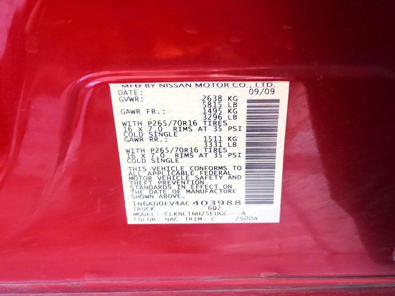 2010 Nissan Frontier Se V6 Red vin: 1N6AD0EV4AC403988