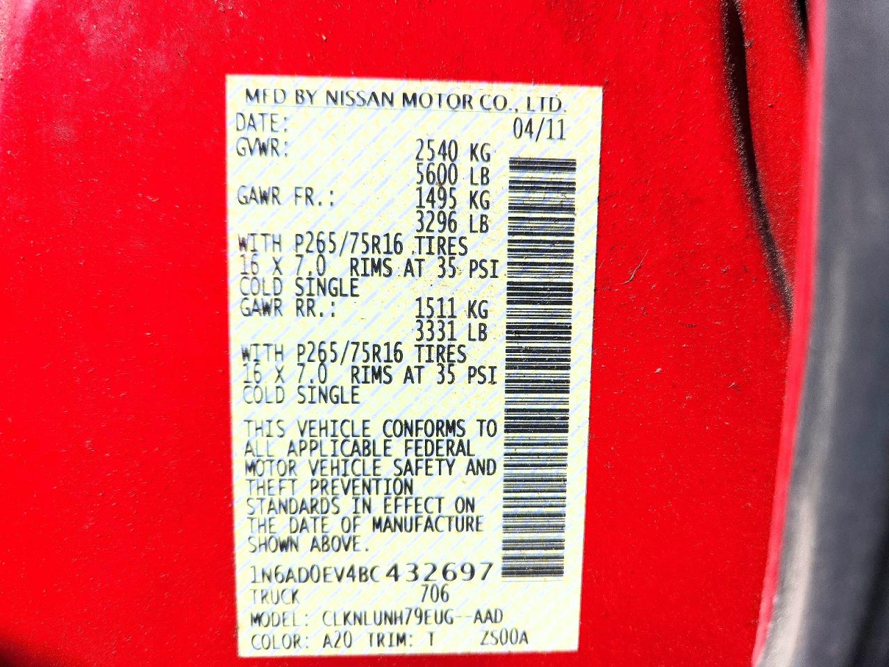 2011 Nissan Frontier Red vin: 1N6AD0EV4BC432697