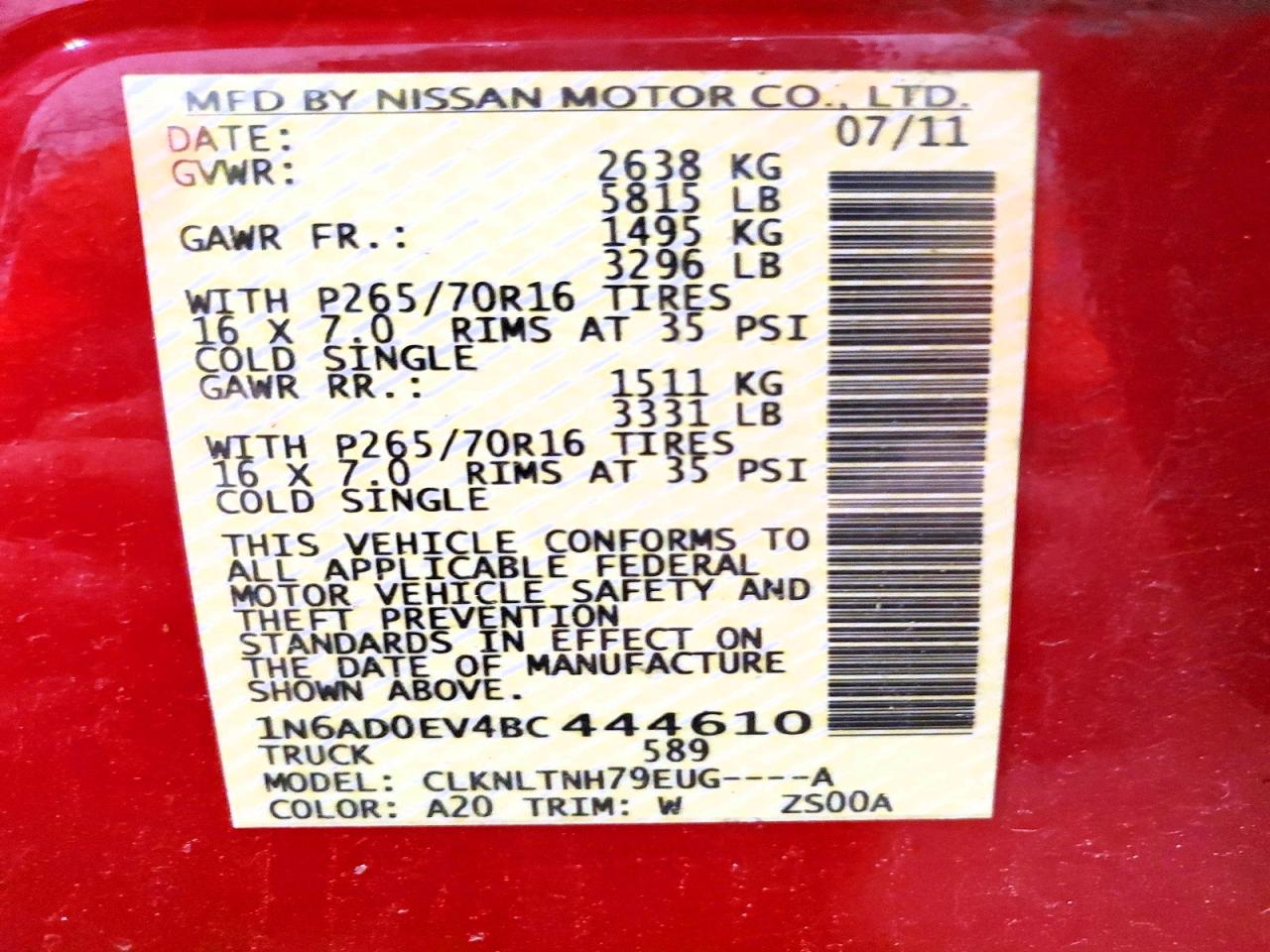 2011 Nissan Frontier S Red vin: 1N6AD0EV4BC444610