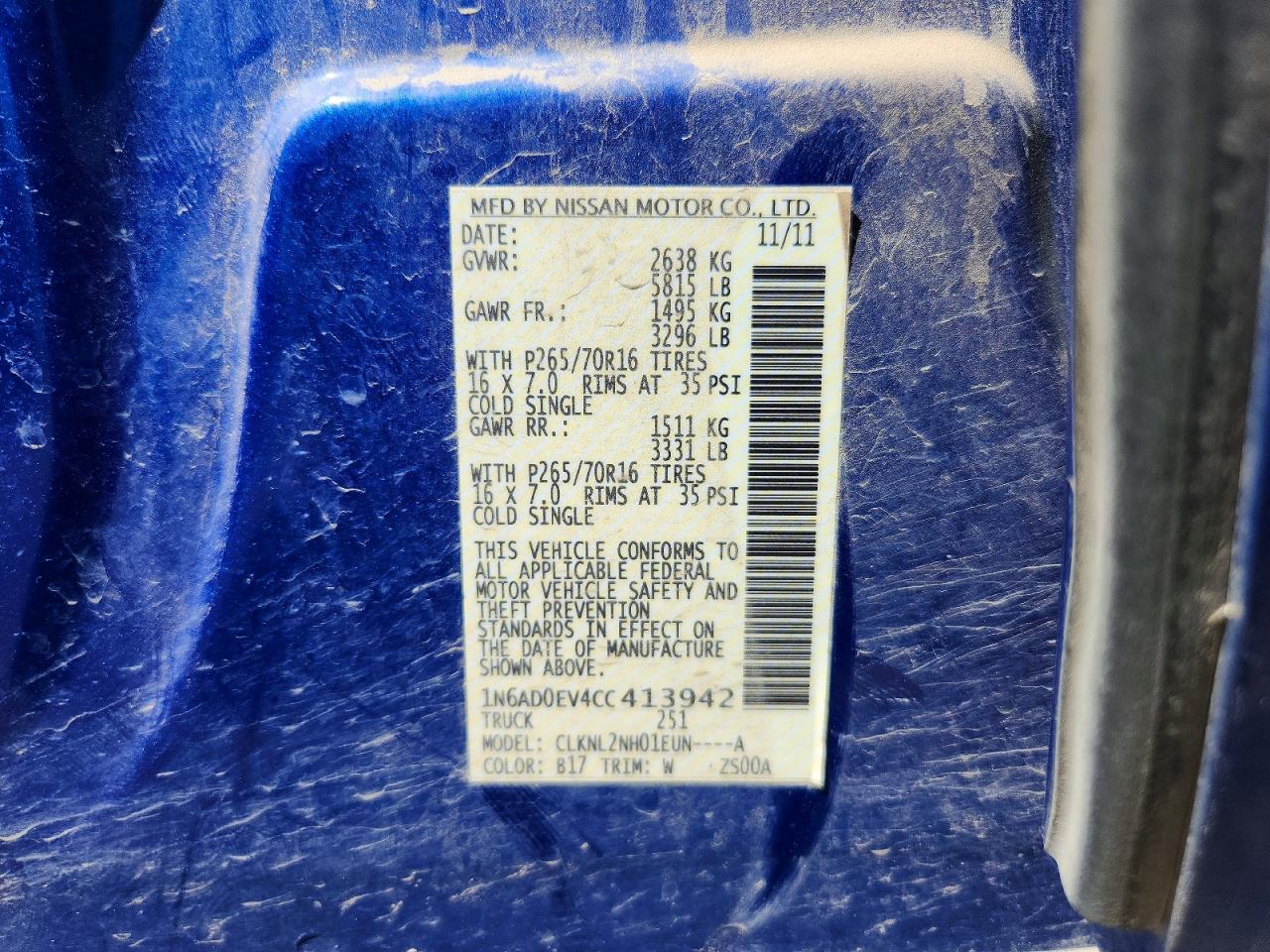 2012 Nissan Frontier S Blue vin: 1N6AD0EV4CC413942