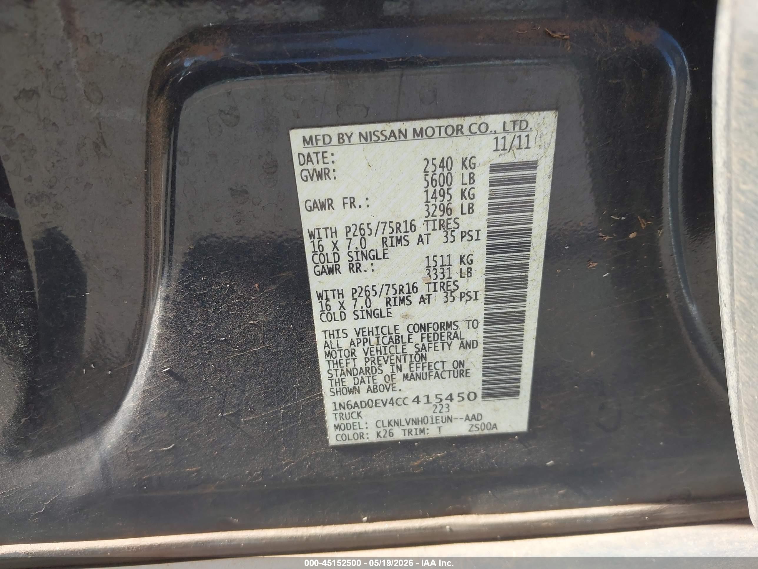 2012 Nissan Frontier Pro-4x Black vin: 1N6AD0EV4CC415450