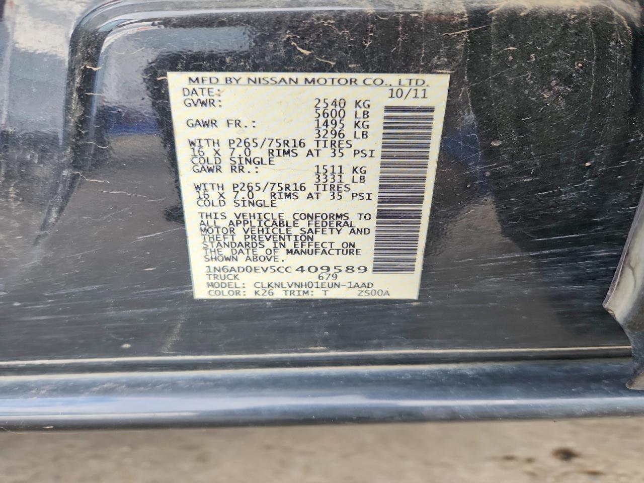 2012 Nissan Frontier S Charcoal vin: 1N6AD0EV5CC409589