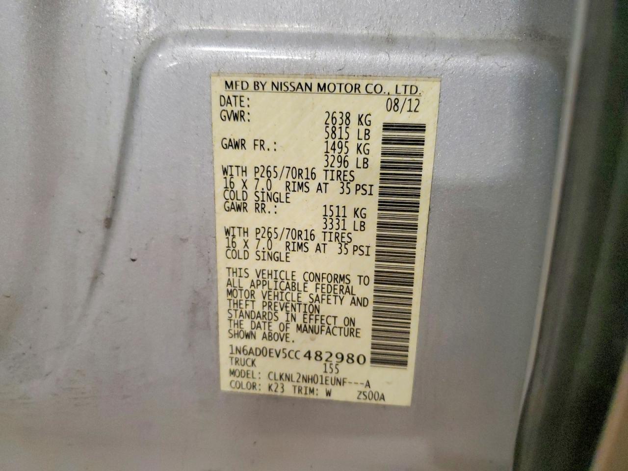 2012 Nissan Frontier S/sv/sl/pro-4x Silver vin: 1N6AD0EV5CC482980