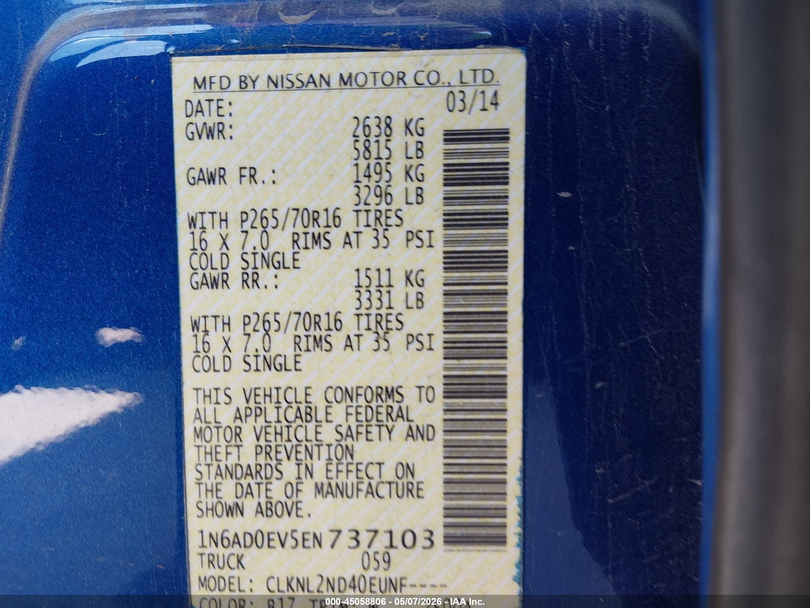 2014 Nissan Frontier Sv Blue vin: 1N6AD0EV5EN737103