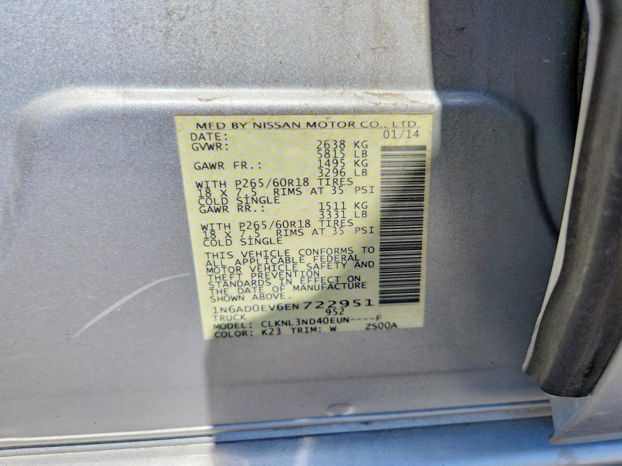 2014 Nissan Frontier Sl Silver vin: 1N6AD0EV6EN722951