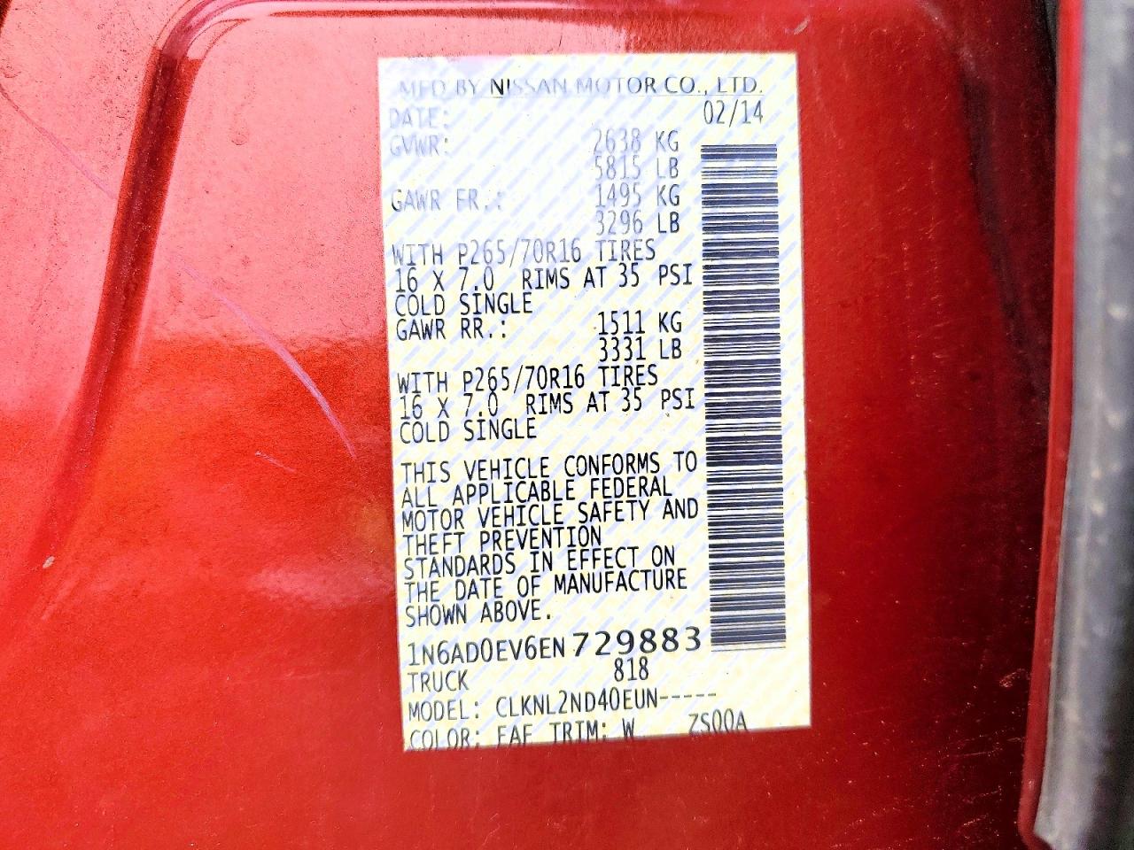 2014 Nissan Frontier Sv Red vin: 1N6AD0EV6EN729883