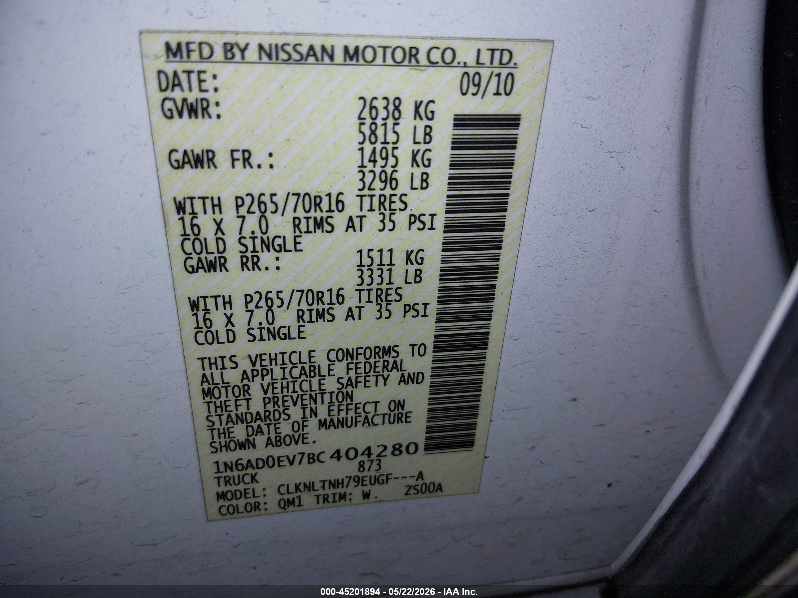 2011 Nissan Frontier Sv White vin: 1N6AD0EV7BC404280