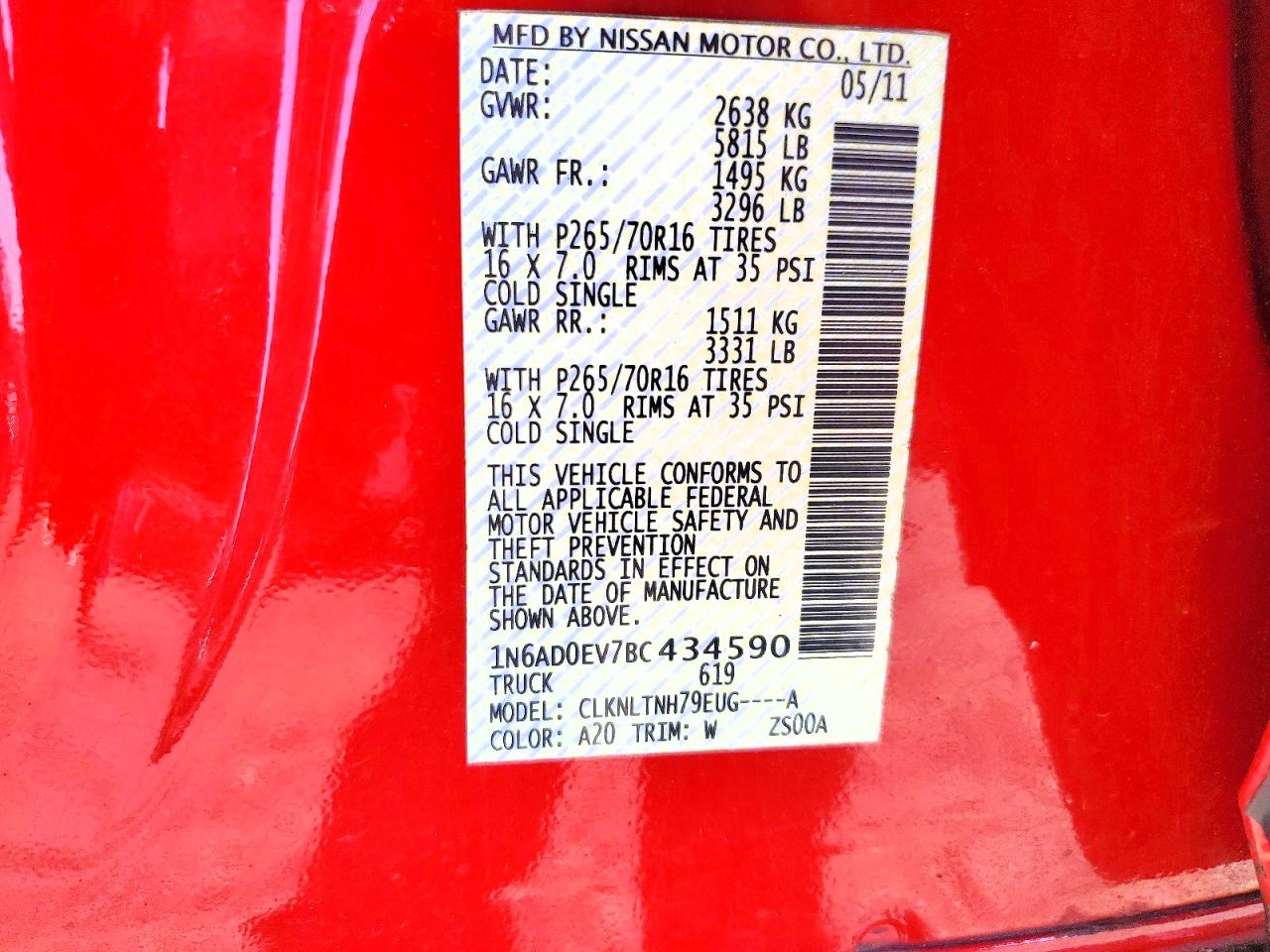 2011 Nissan Frontier S/sv/sl/pro-4x Red vin: 1N6AD0EV7BC434590