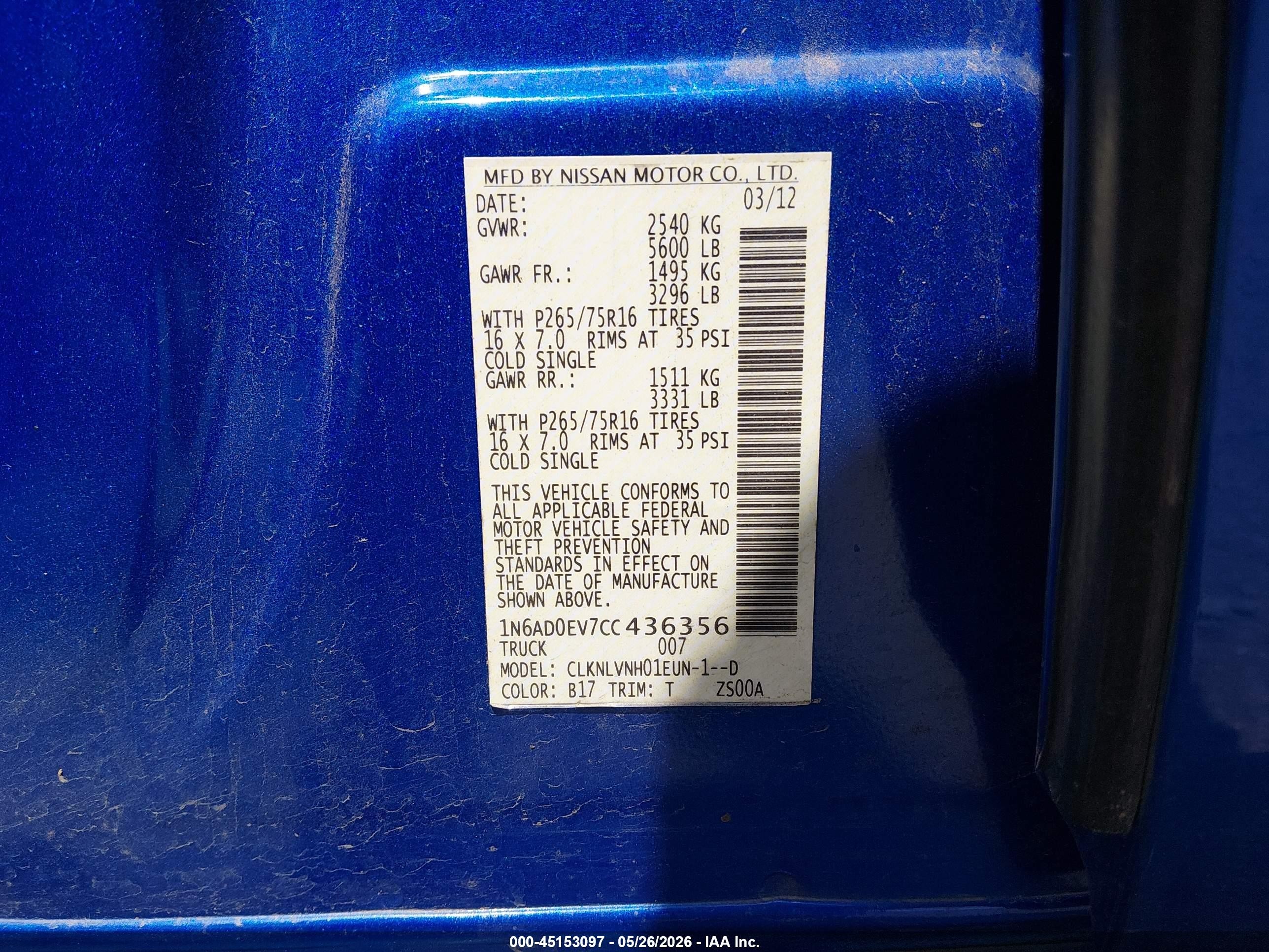2012 Nissan Frontier Pro-4x Blue vin: 1N6AD0EV7CC436356
