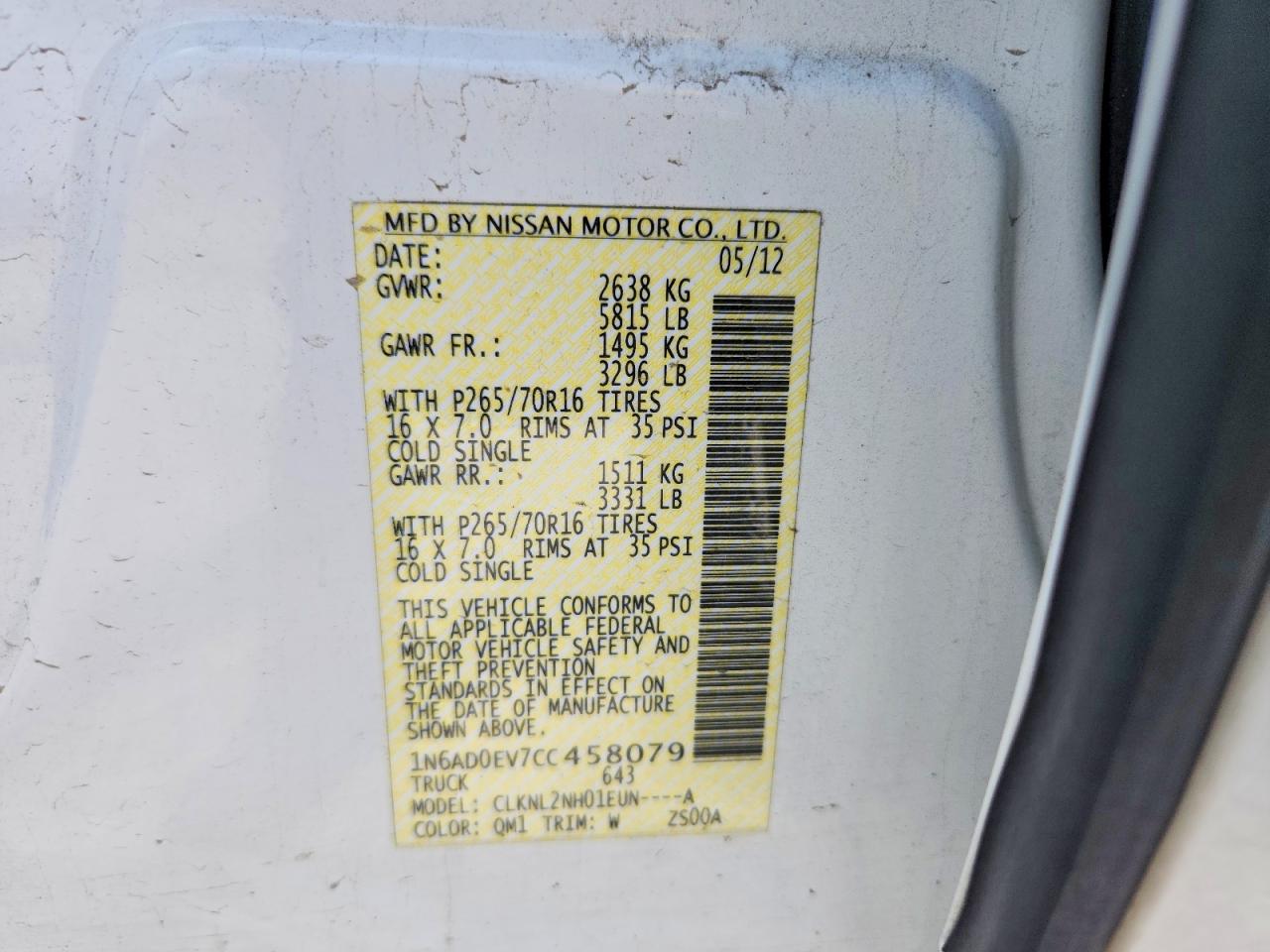 2012 Nissan Frontier S White vin: 1N6AD0EV7CC458079