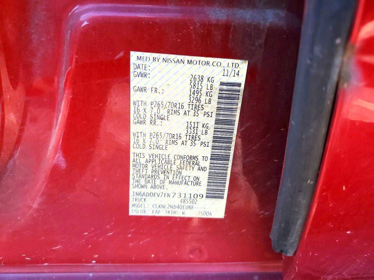 2015 Nissan Frontier S Maroon vin: 1N6AD0EV7FN731109