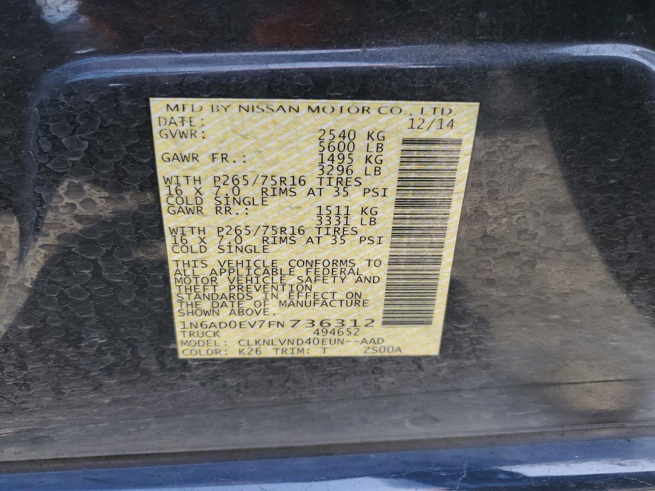 2015 Nissan Frontier Pro-4x Gray vin: 1N6AD0EV7FN736312