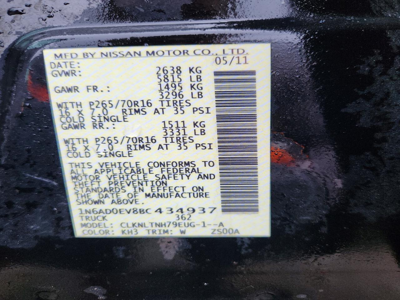 2011 Nissan Frontier S Black vin: 1N6AD0EV8BC434937
