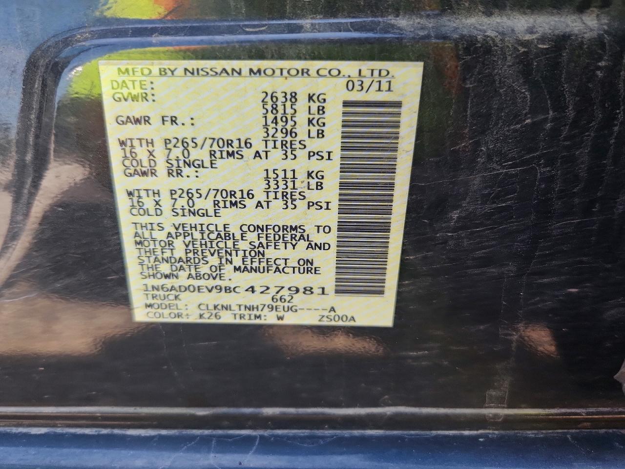2011 Nissan Frontier S Charcoal vin: 1N6AD0EV9BC427981