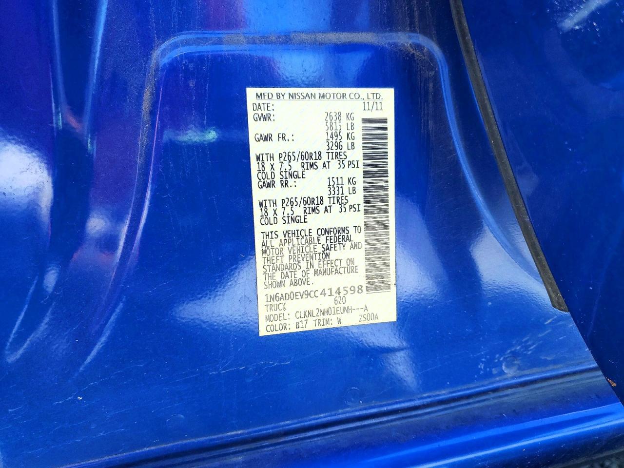2012 Nissan Frontier S Blue vin: 1N6AD0EV9CC414598