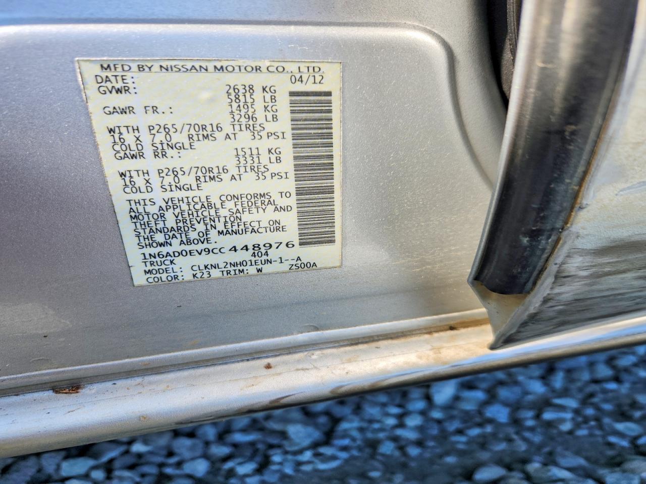2012 Nissan Frontier S Gray vin: 1N6AD0EV9CC448976