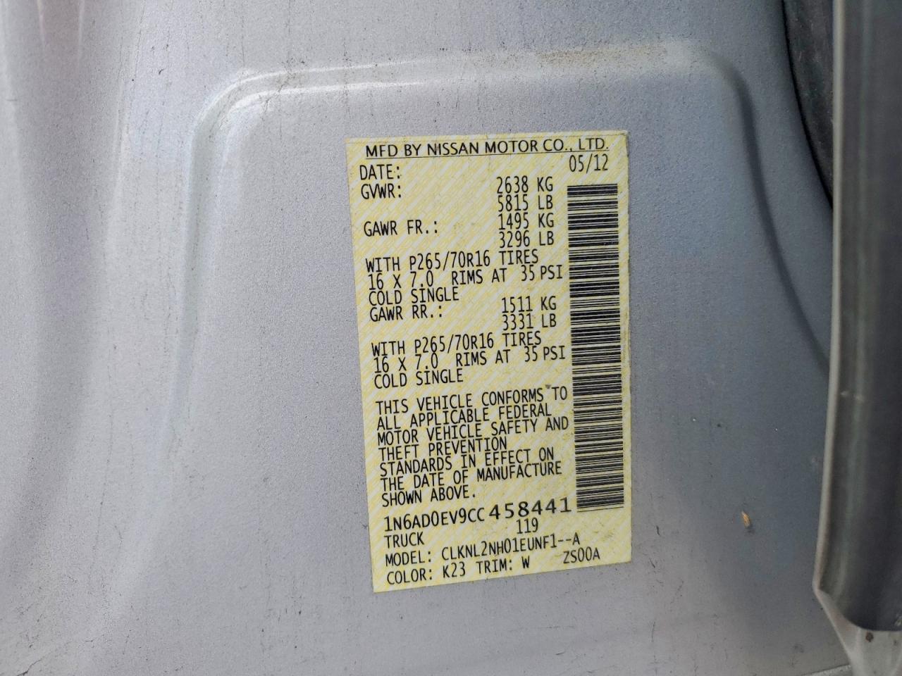 2012 Nissan Frontier S Silver vin: 1N6AD0EV9CC458441