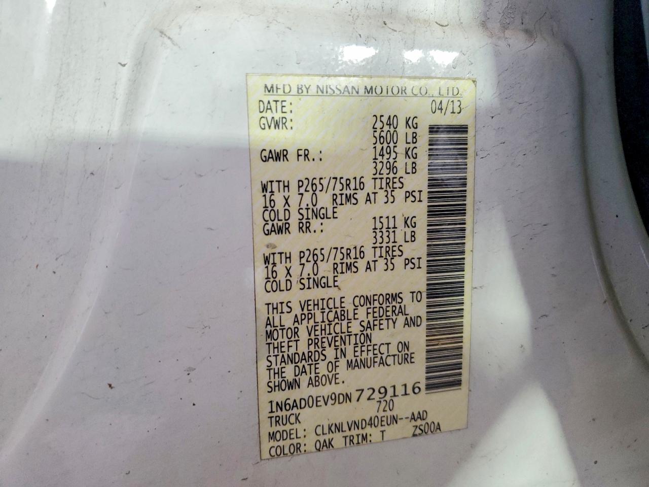 2013 Nissan Frntr Prox White vin: 1N6AD0EV9DN729116