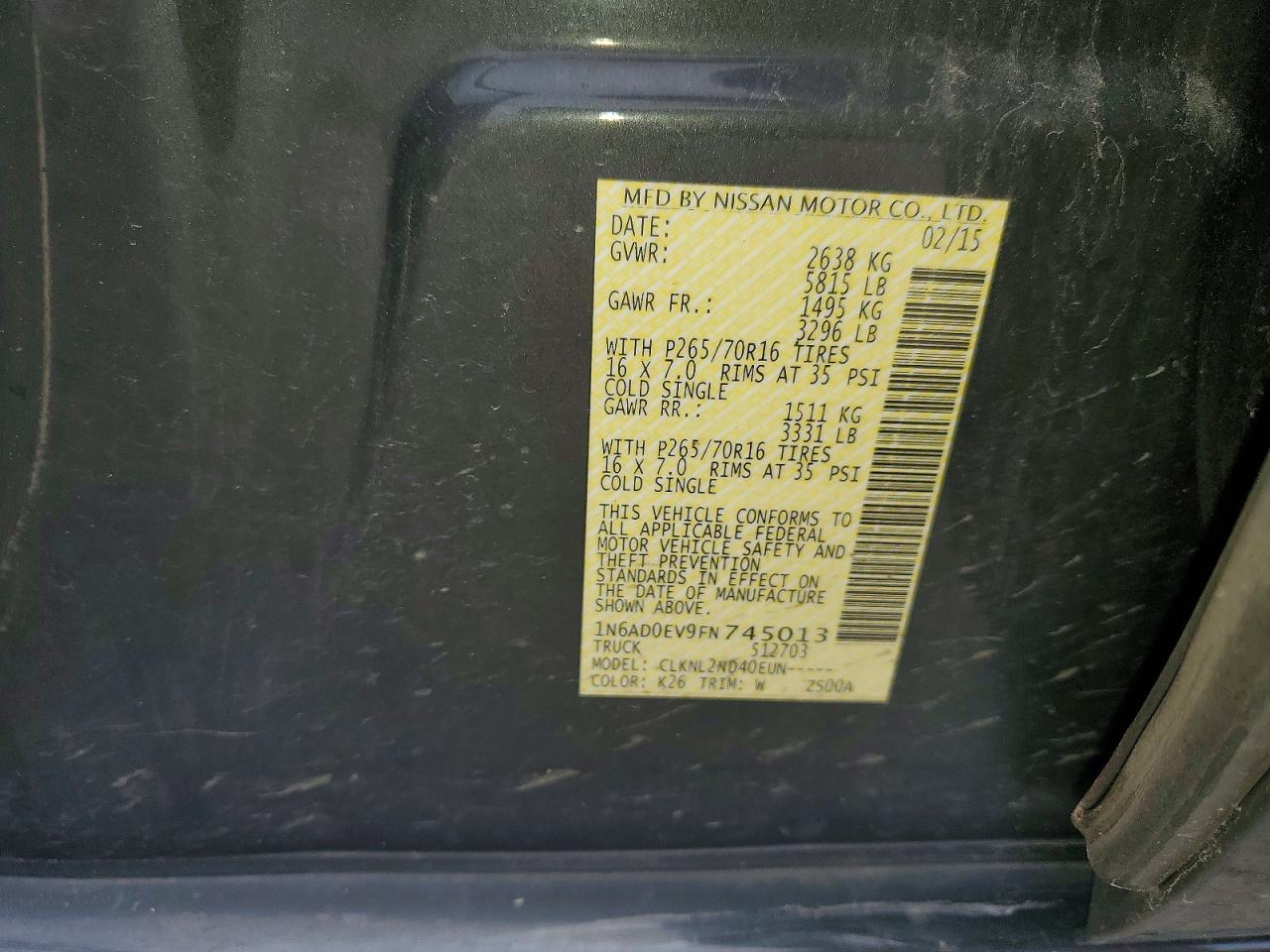 2015 Nissan Frontier Sv Charcoal vin: 1N6AD0EV9FN745013