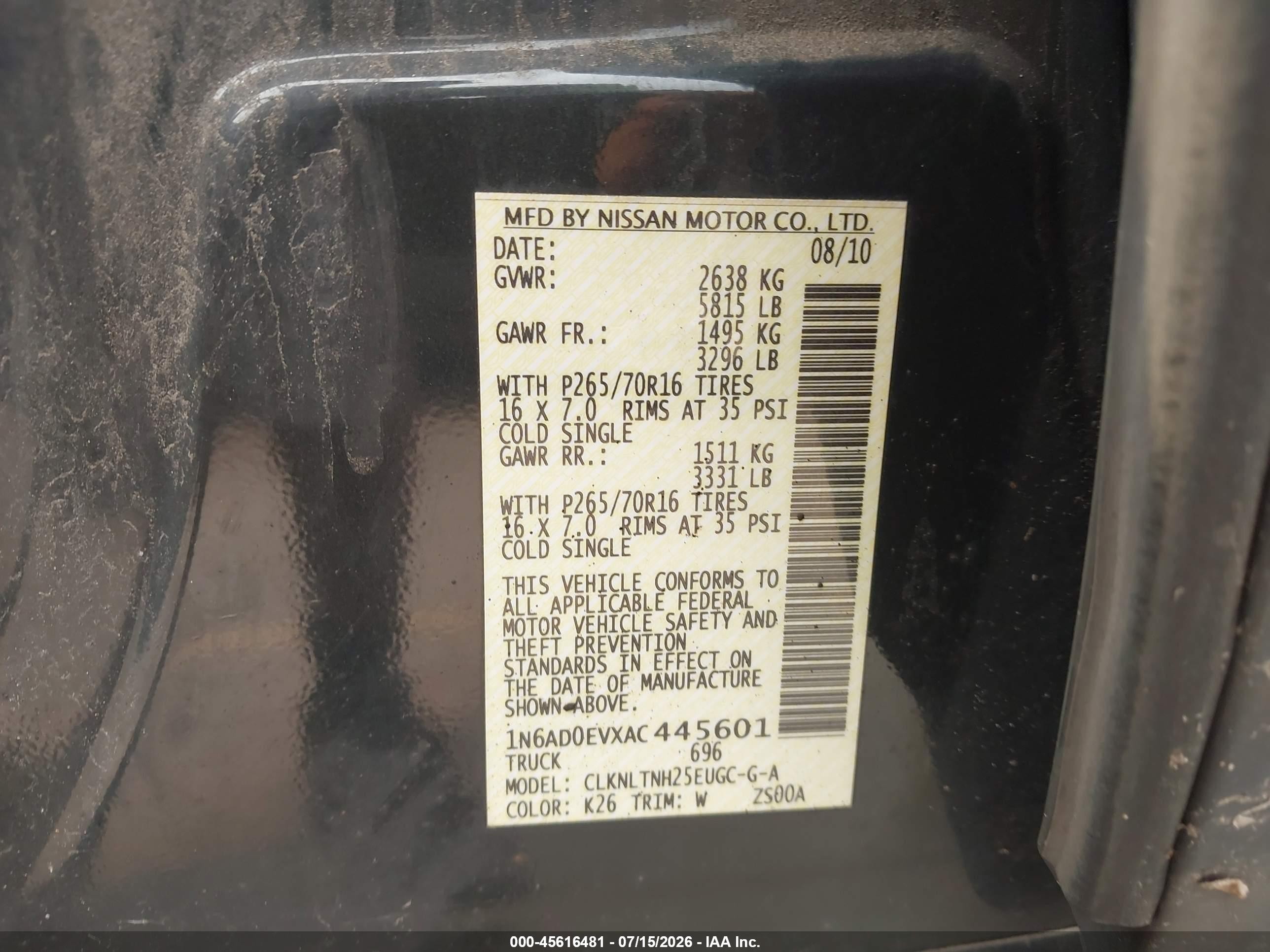 2010 Nissan Frontier Se Black vin: 1N6AD0EVXAC445601