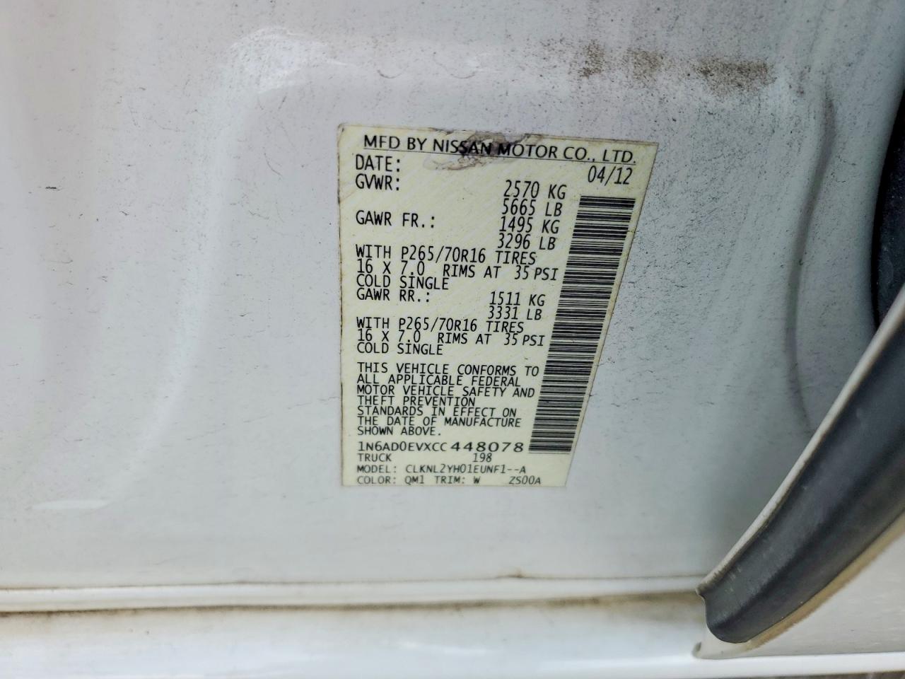 2012 Nissan Frontier S White vin: 1N6AD0EVXCC448078