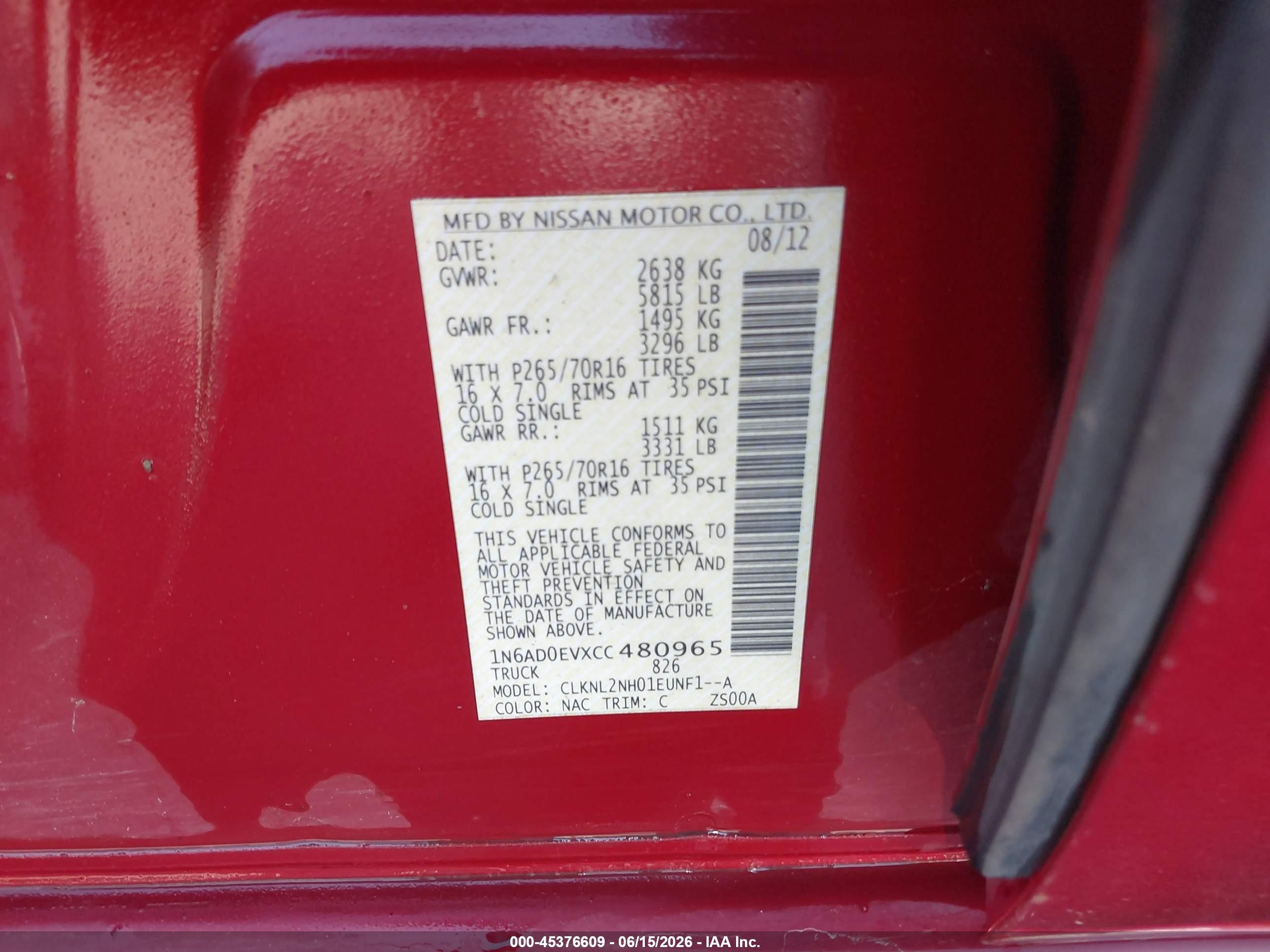 2012 Nissan Frontier Sv Red vin: 1N6AD0EVXCC480965