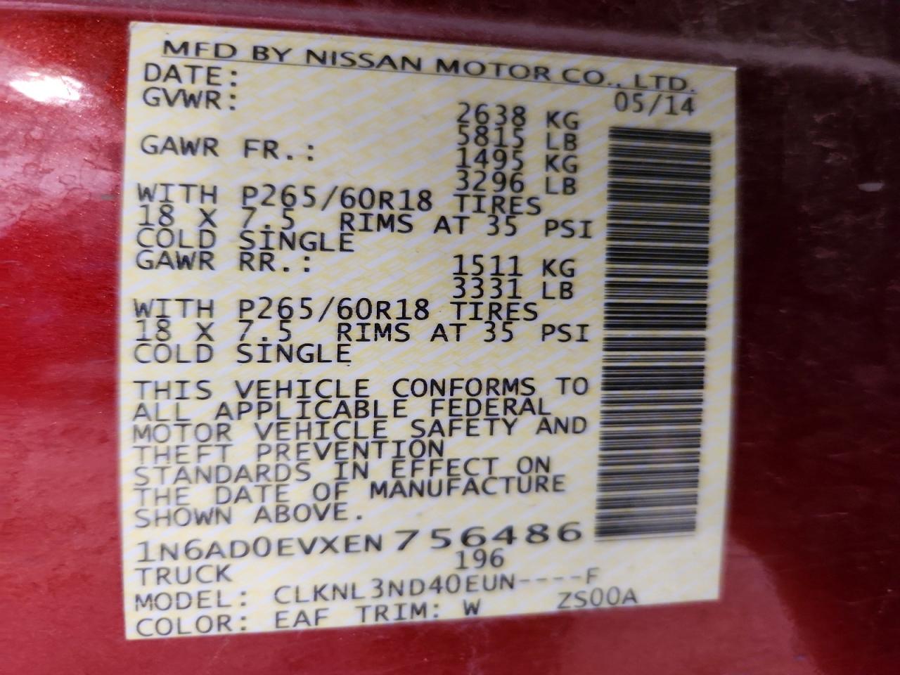 2014 Nissan Frontier Sl Red vin: 1N6AD0EVXEN756486
