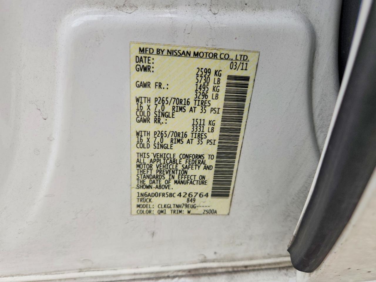 2011 Nissan Frontier Sv V6 White vin: 1N6AD0FR5BC426764