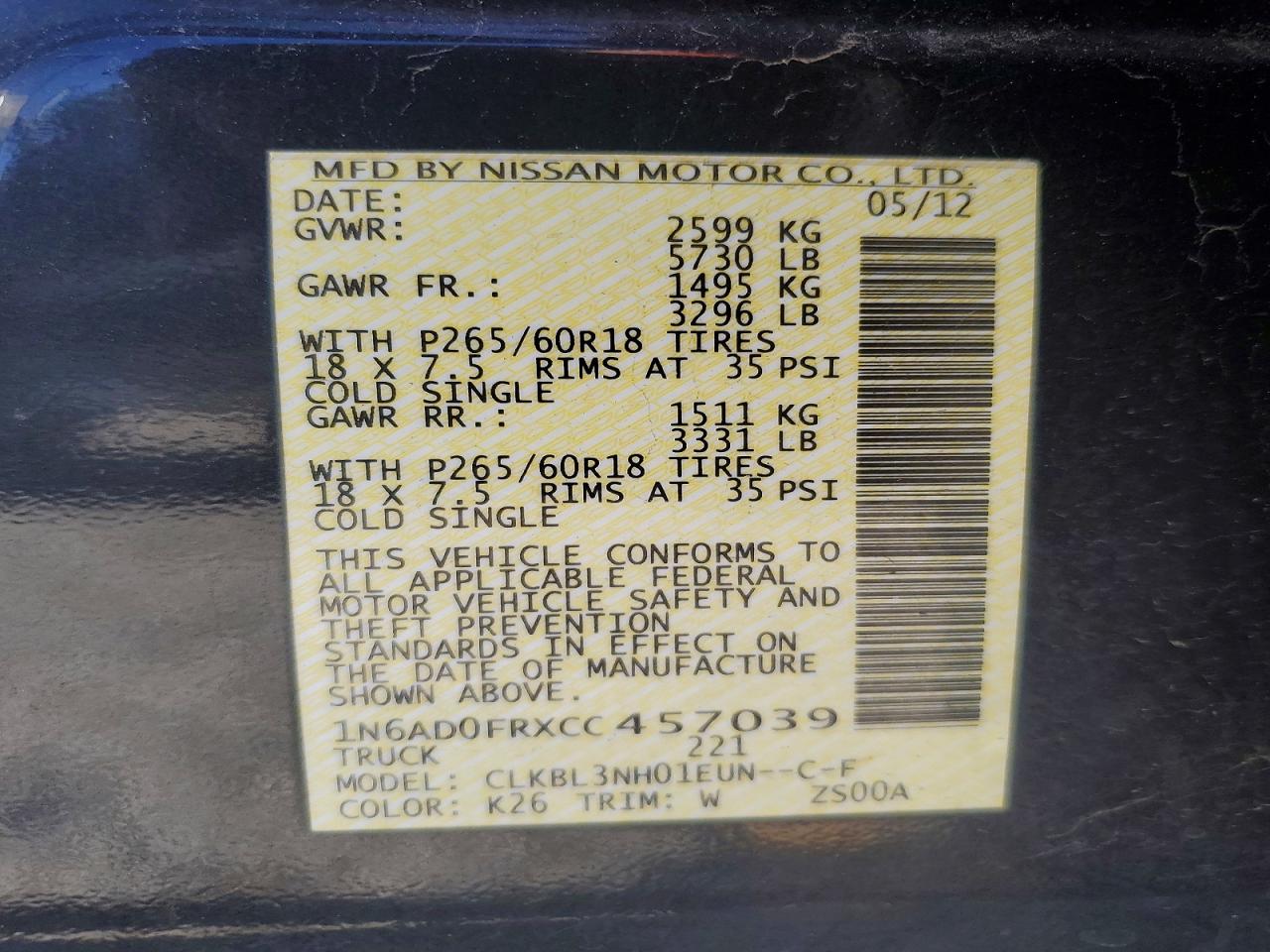 2012 Nissan Frontier Sv/sl Угольный vin: 1N6AD0FRXCC457039