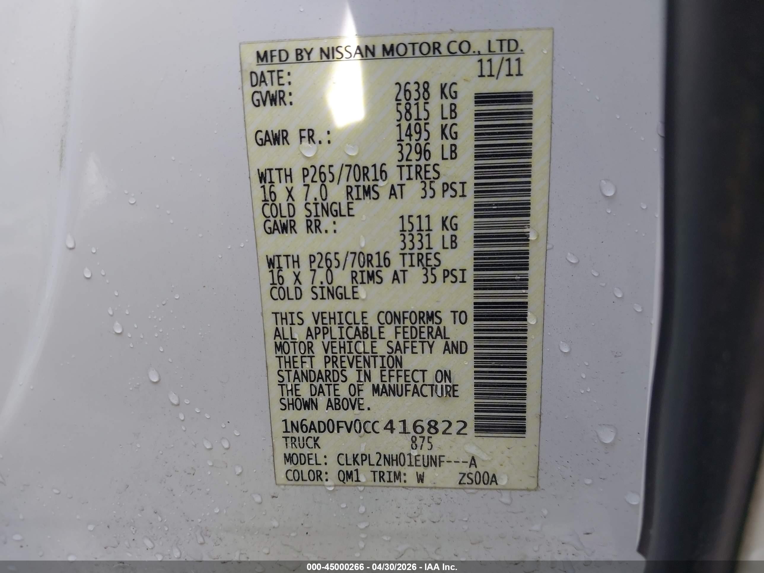 2012 Nissan Frontier Sv White vin: 1N6AD0FV0CC416822