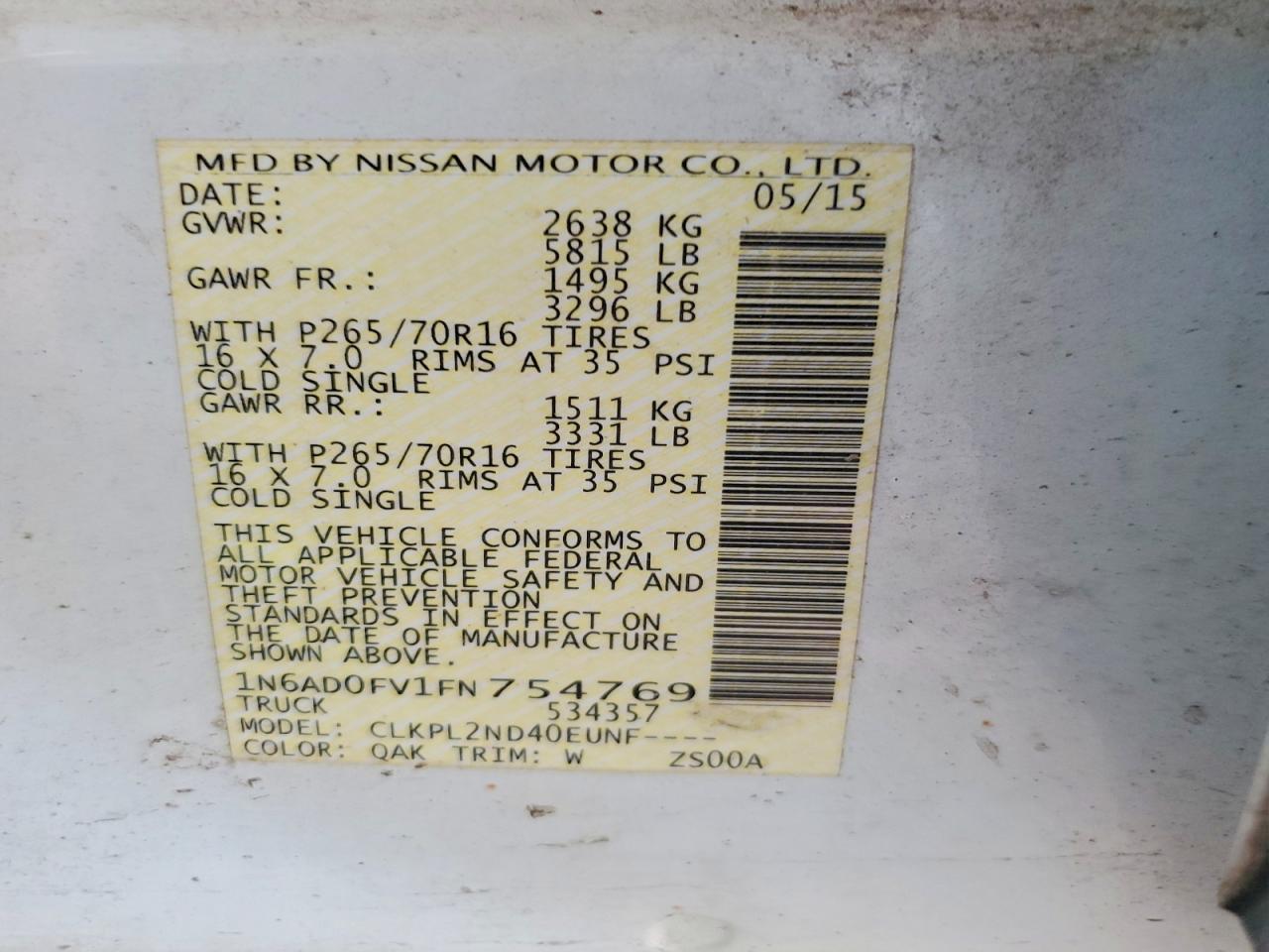 2015 Nissan Frontier Sv White vin: 1N6AD0FV1FN754769