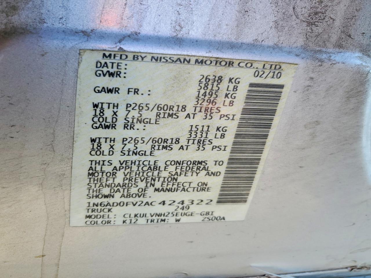 2010 Nissan Frontier Se V6 Silver vin: 1N6AD0FV2AC424322