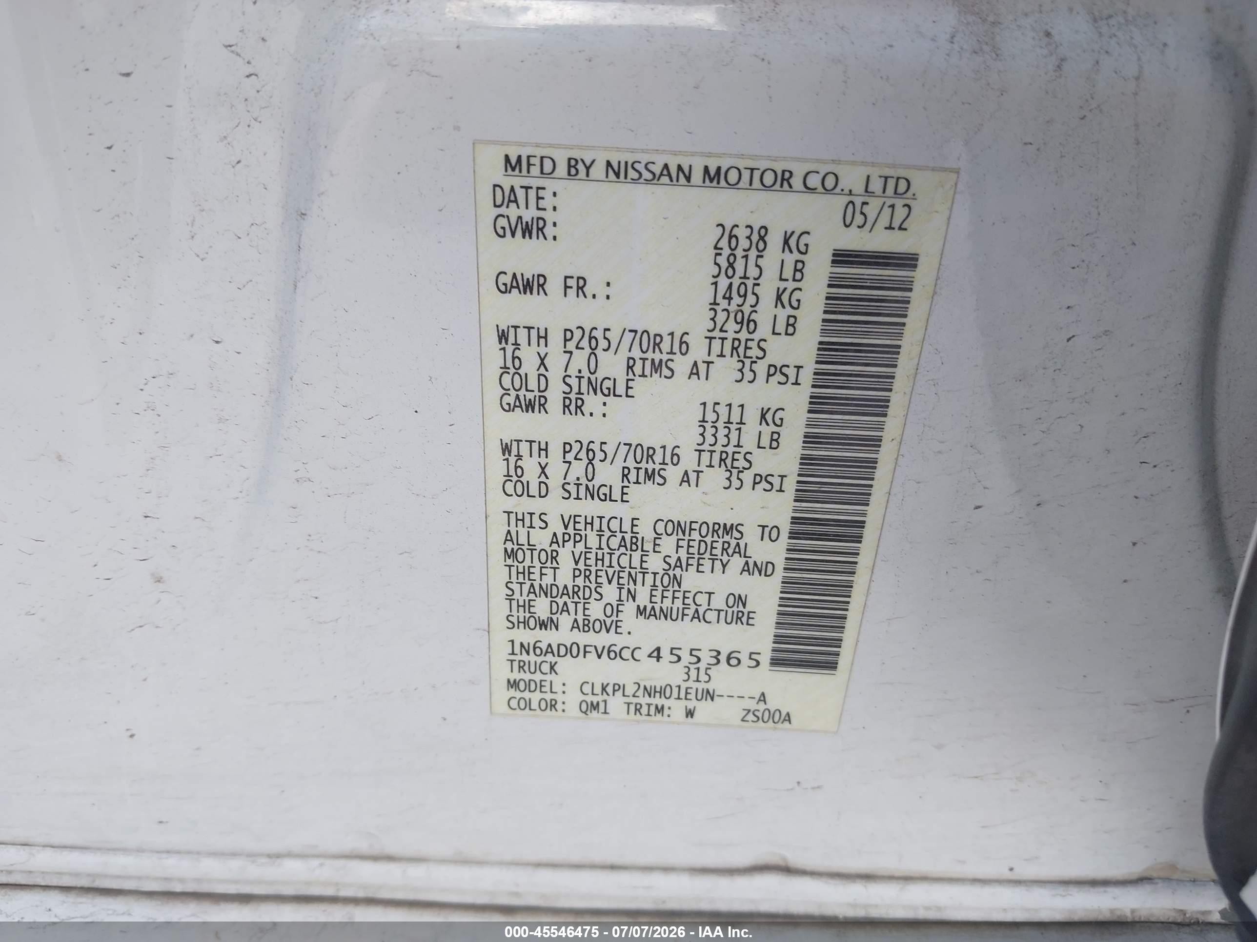 2012 Nissan Frontier Sv White vin: 1N6AD0FV6CC455365