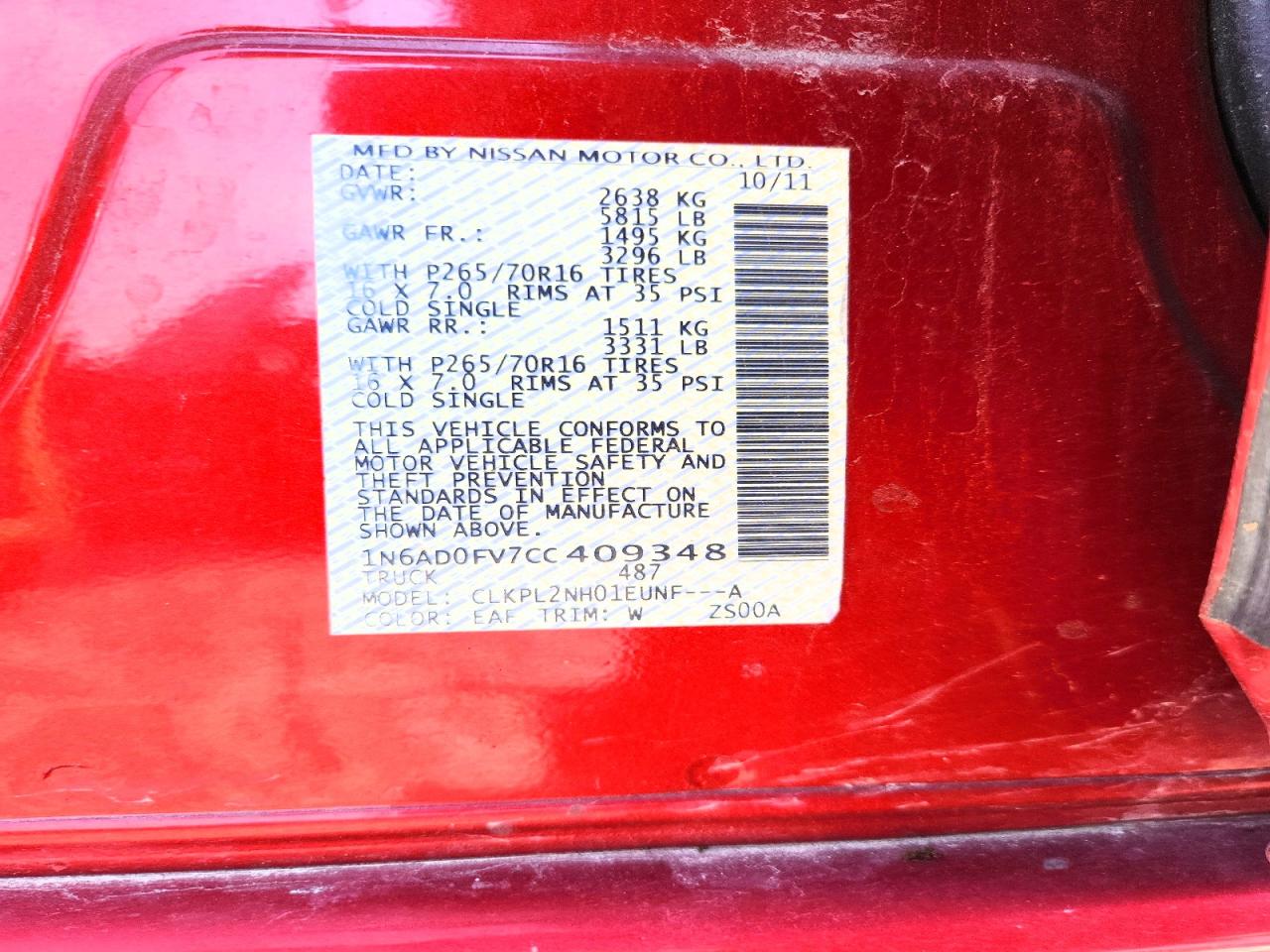 2012 Nissan Frontier Sv V6 Red vin: 1N6AD0FV7CC409348
