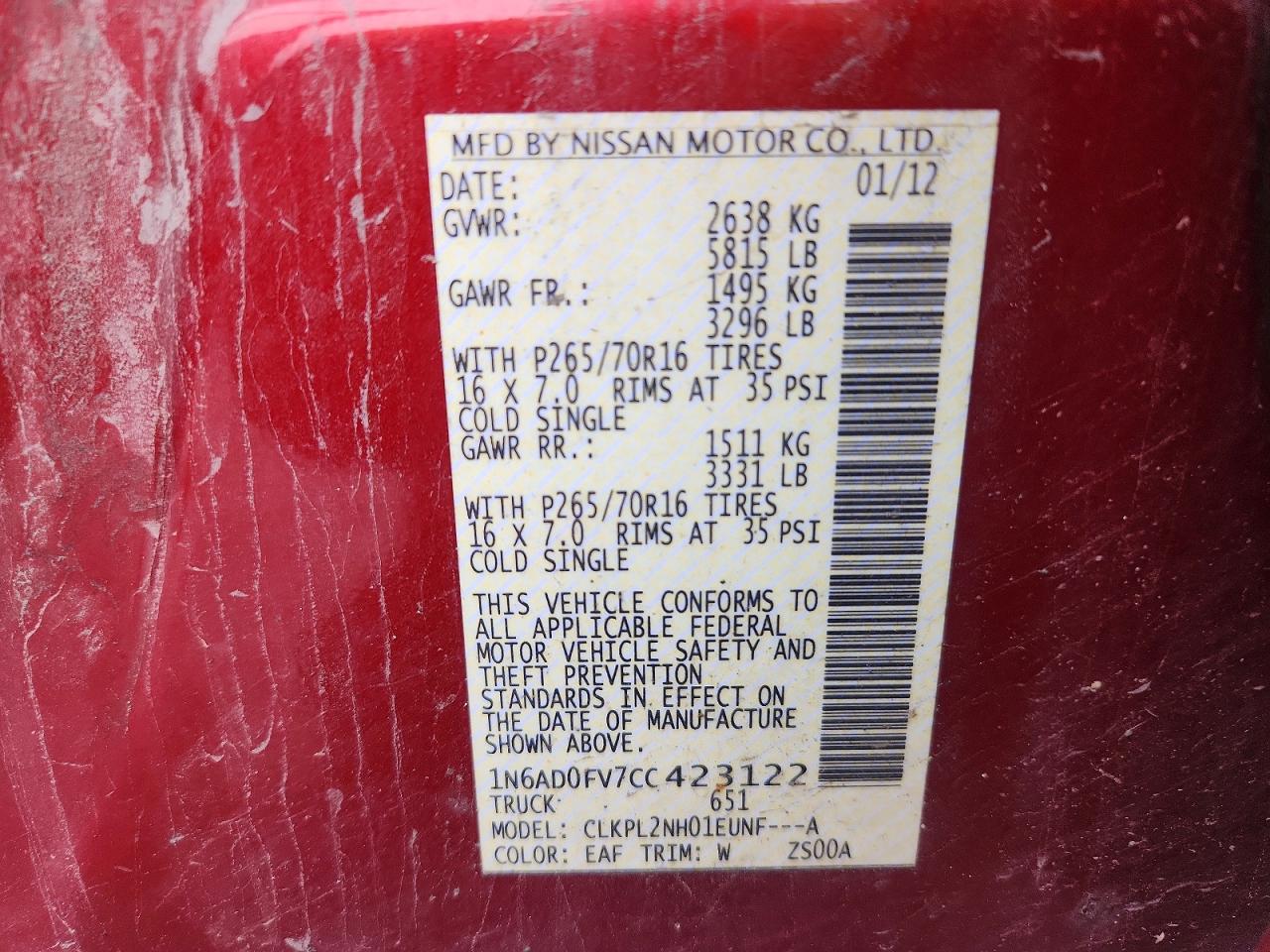 2012 Nissan Frontier Sv V6 Red vin: 1N6AD0FV7CC423122