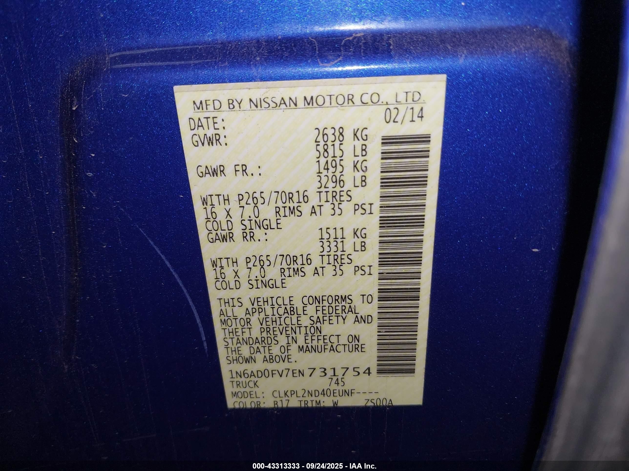 2014 Nissan Frontier Sv Blue vin: 1N6AD0FV7EN731754