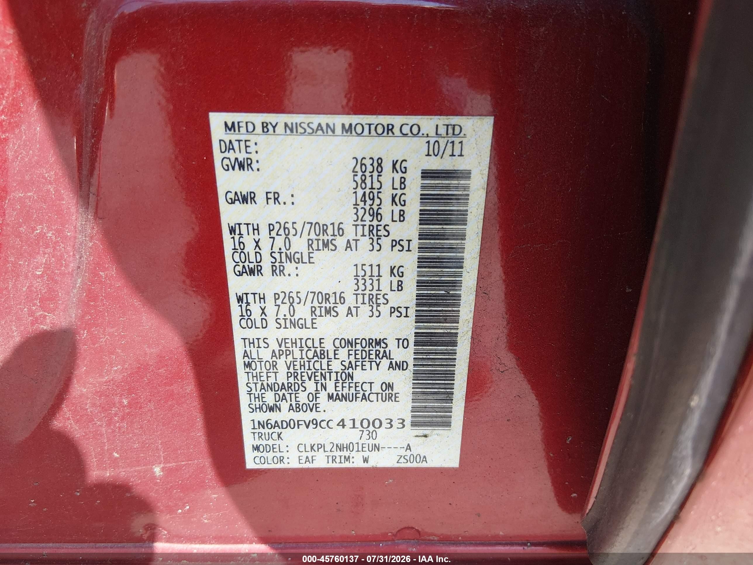 2012 Nissan Frontier Sv Red vin: 1N6AD0FV9CC410033