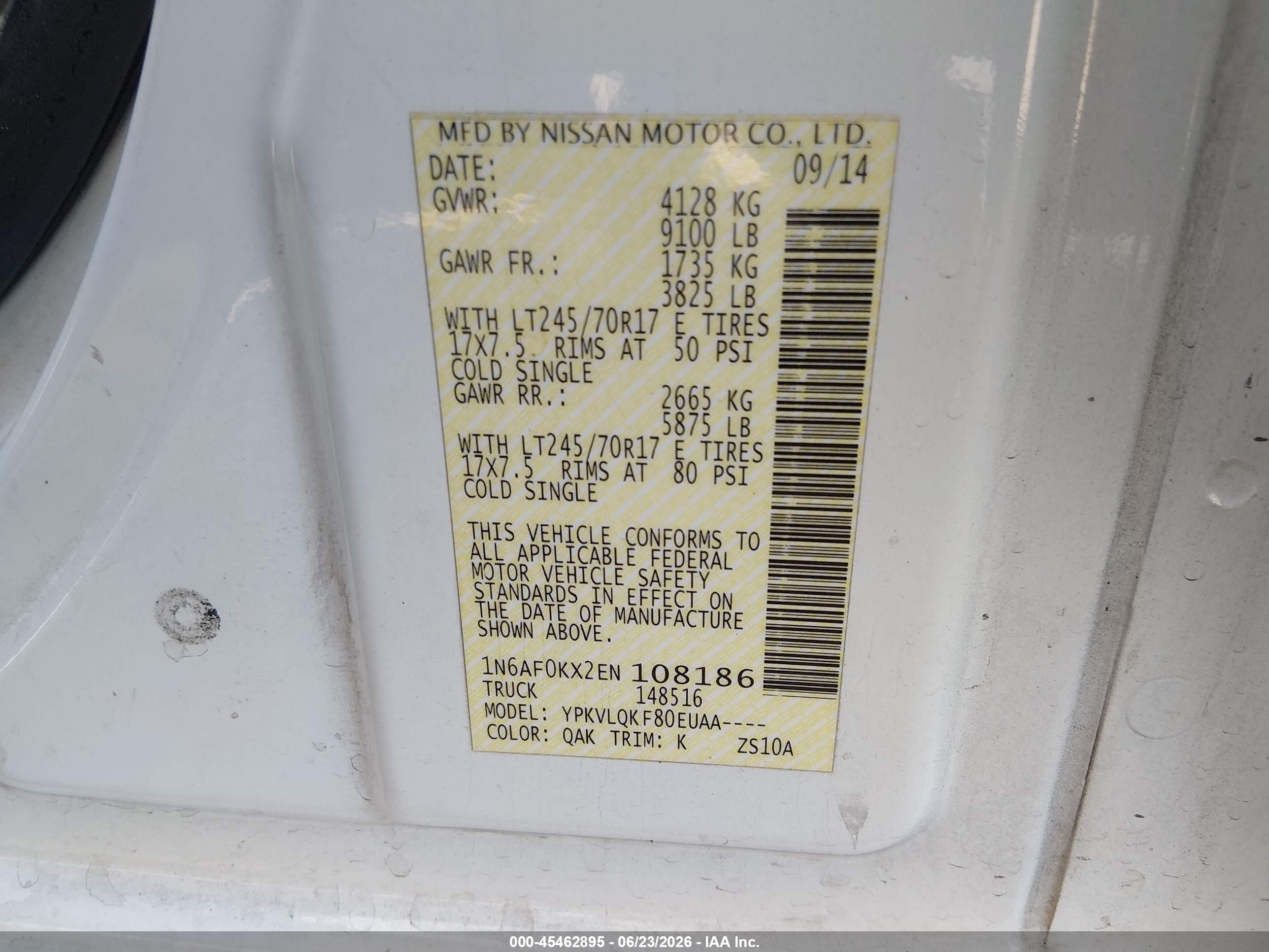 2014 Nissan Nv Cargo Nv2500 Hd S V8 White vin: 1N6AF0KX2EN108186