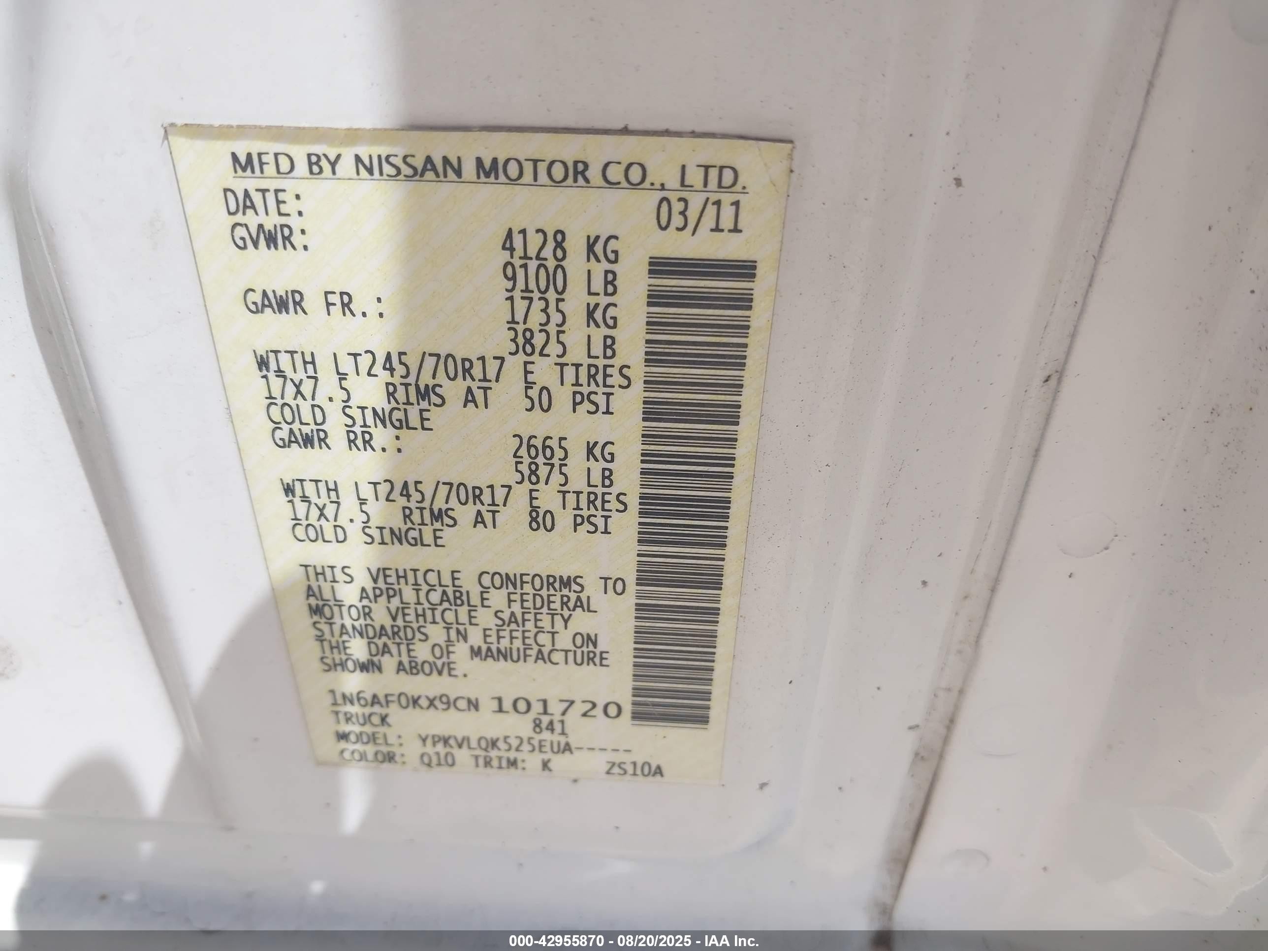2012 Nissan Nv 2500 Nv2500 Hd S V8 White vin: 1N6AF0KX9CN101720