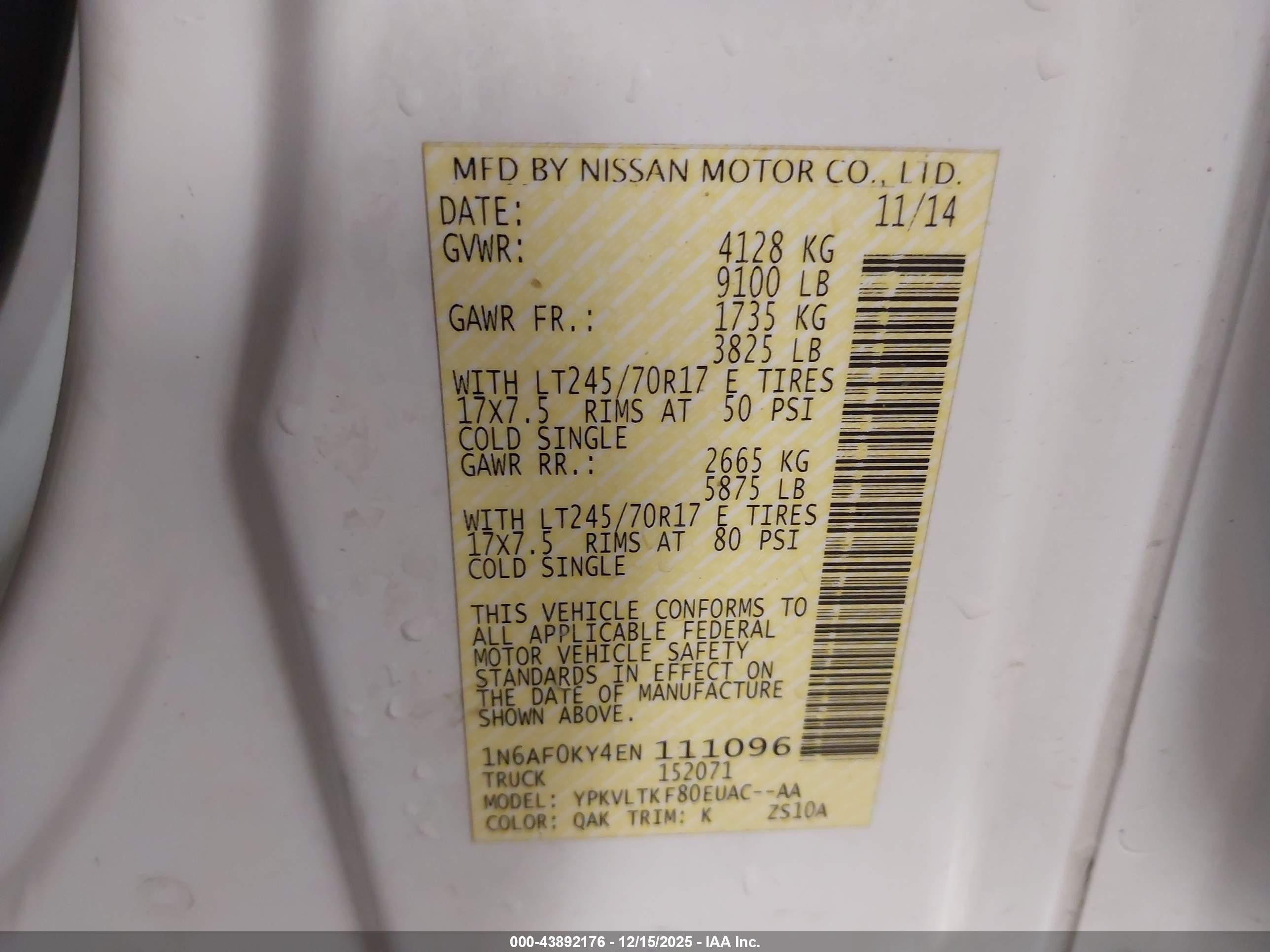 2014 Nissan Nv Cargo Nv2500 Hd Sv V8 Зеленый vin: 1N6AF0KY4EN111096