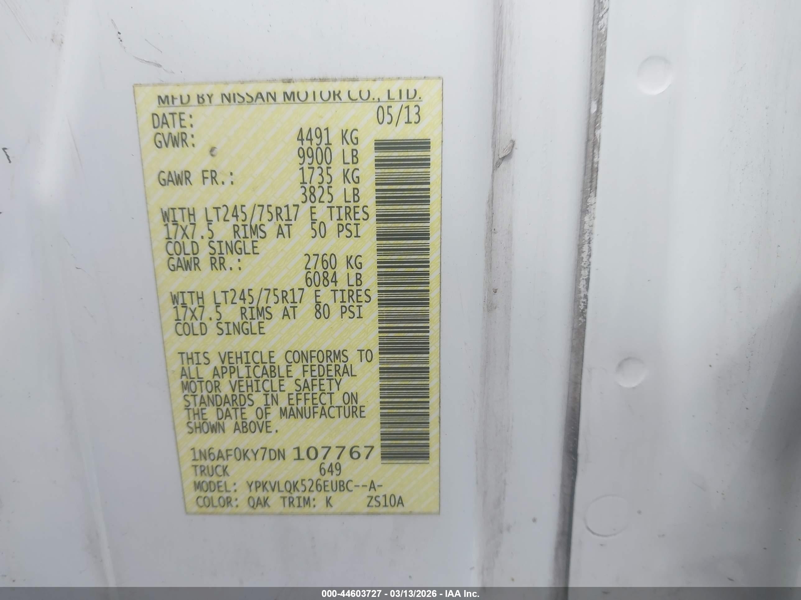 2013 Nissan Nv Cargo Nv3500 Hd S V8 White vin: 1N6AF0KY7DN107767