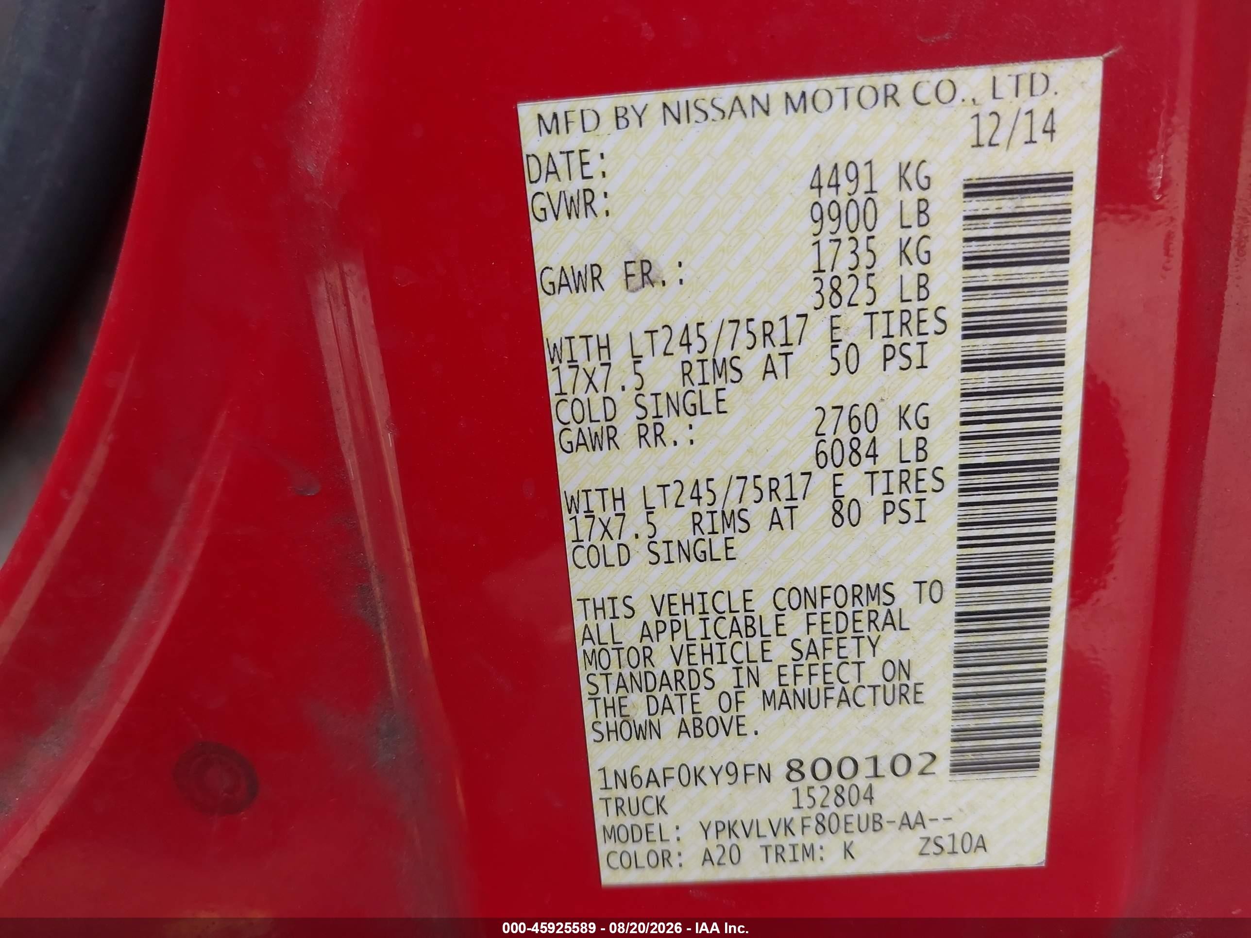 2015 Nissan Nv Cargo Nv2500 Hd S V8/sl V8/sv V8 Red vin: 1N6AF0KY9FN800102