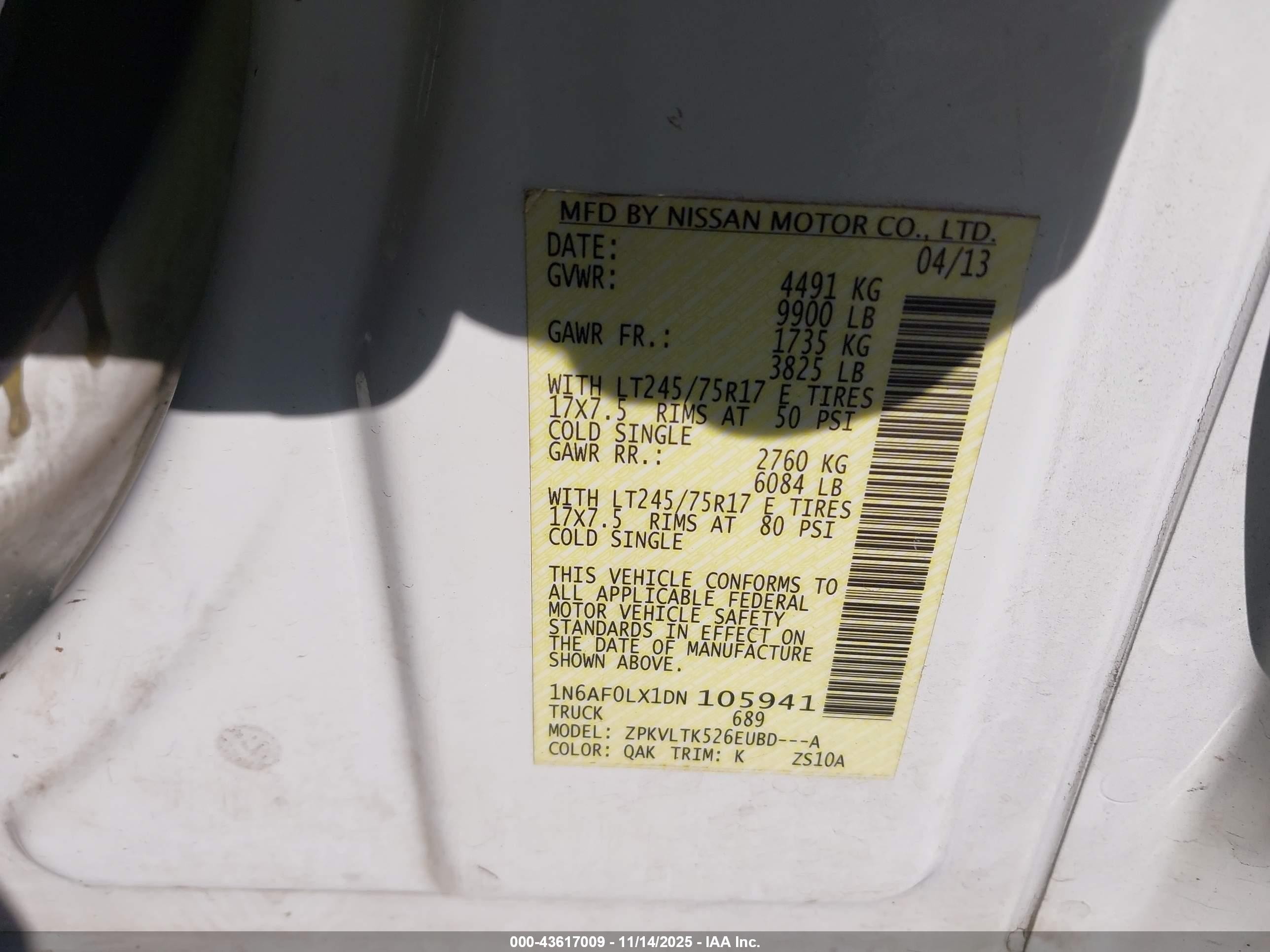 2013 Nissan Nv Cargo Nv3500 Hd Sv V8 White vin: 1N6AF0LX1DN105941
