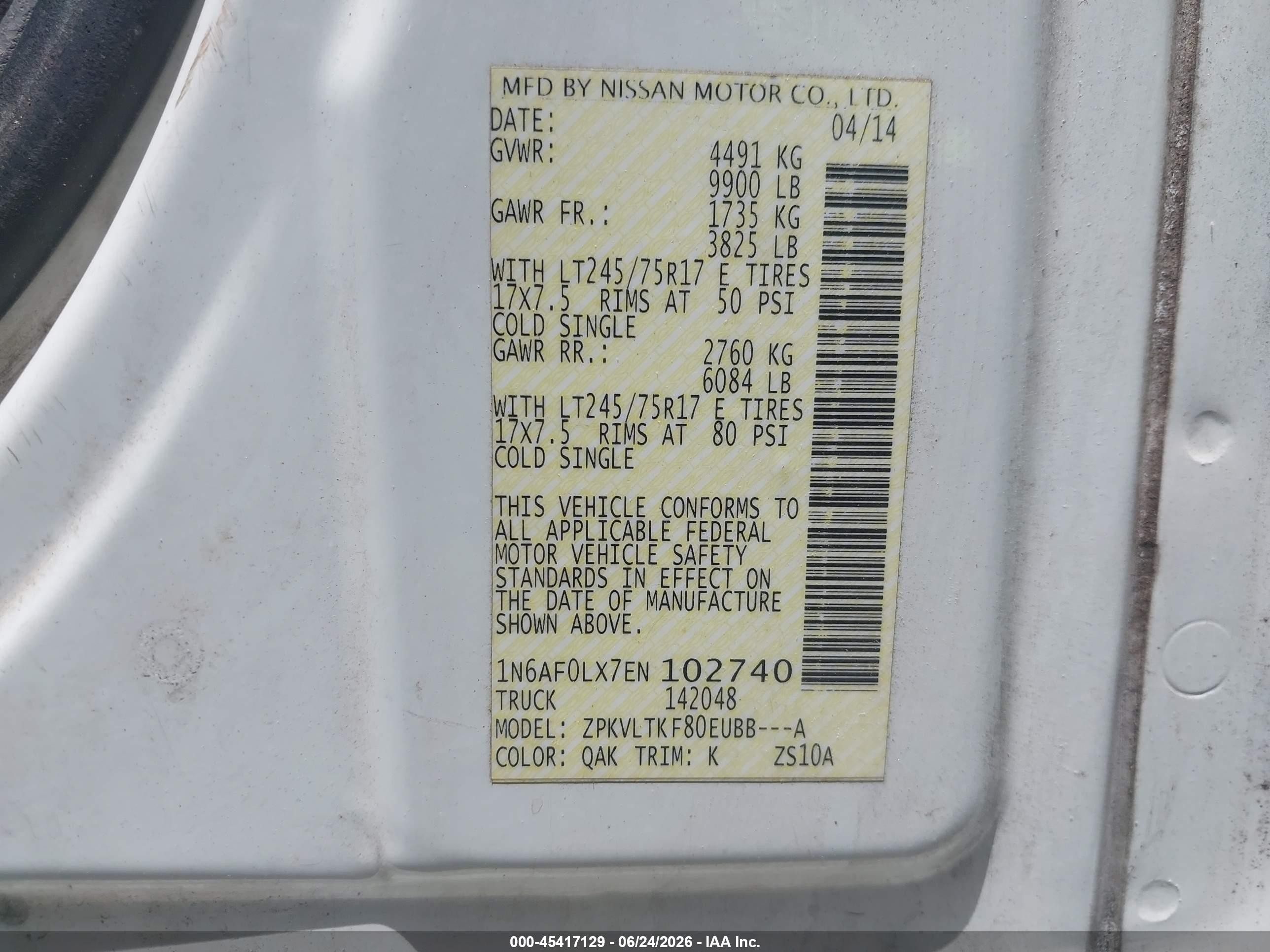 2014 Nissan Nv Cargo Nv3500 Hd Sv V8 White vin: 1N6AF0LX7EN102740