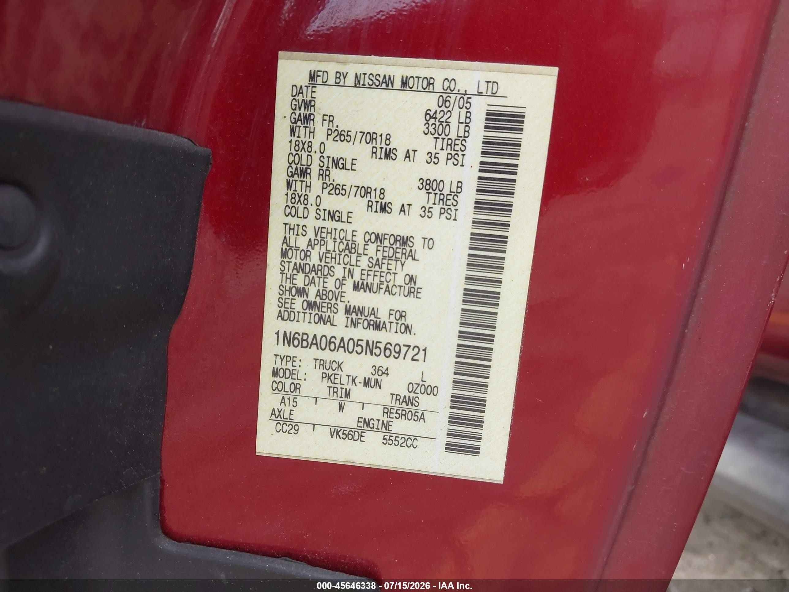 2005 Nissan Titan Se Red vin: 1N6BA06A05N569721
