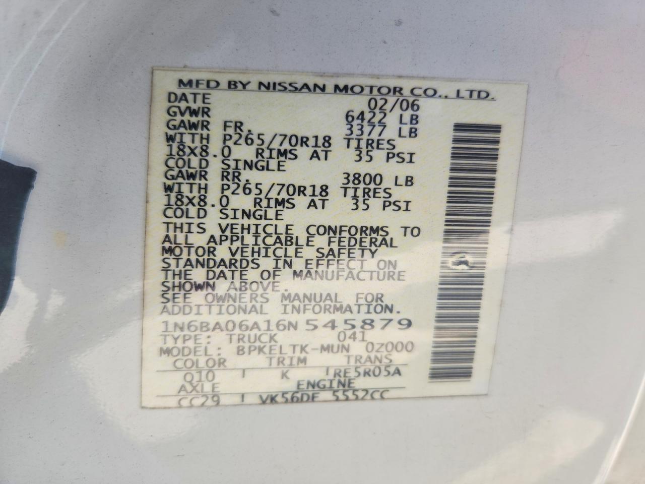 2006 Nissan Titan Xe Ffv White vin: 1N6BA06A16N545879