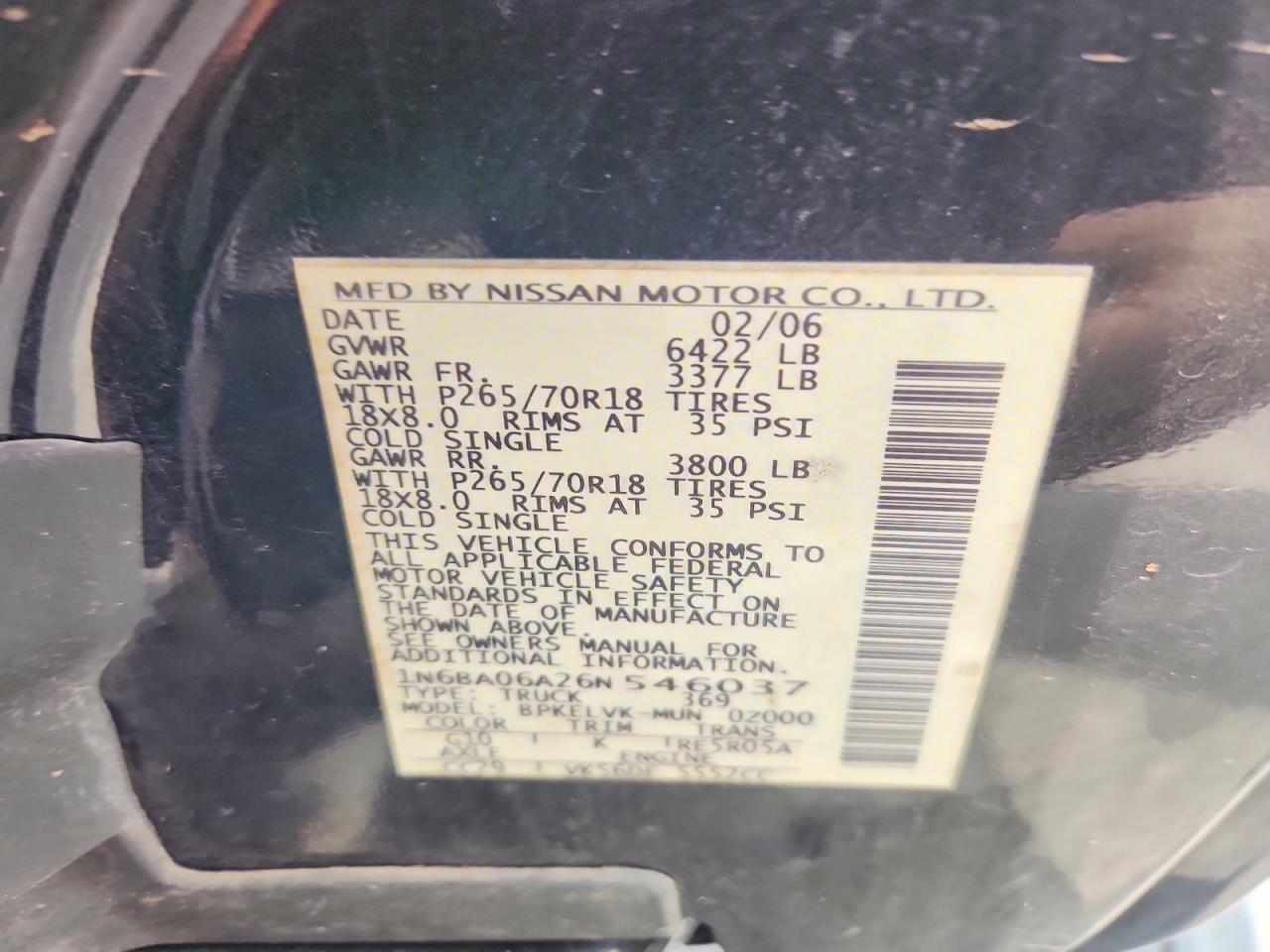 2006 Nissan Titan Xe Ffv Black vin: 1N6BA06A26N546037